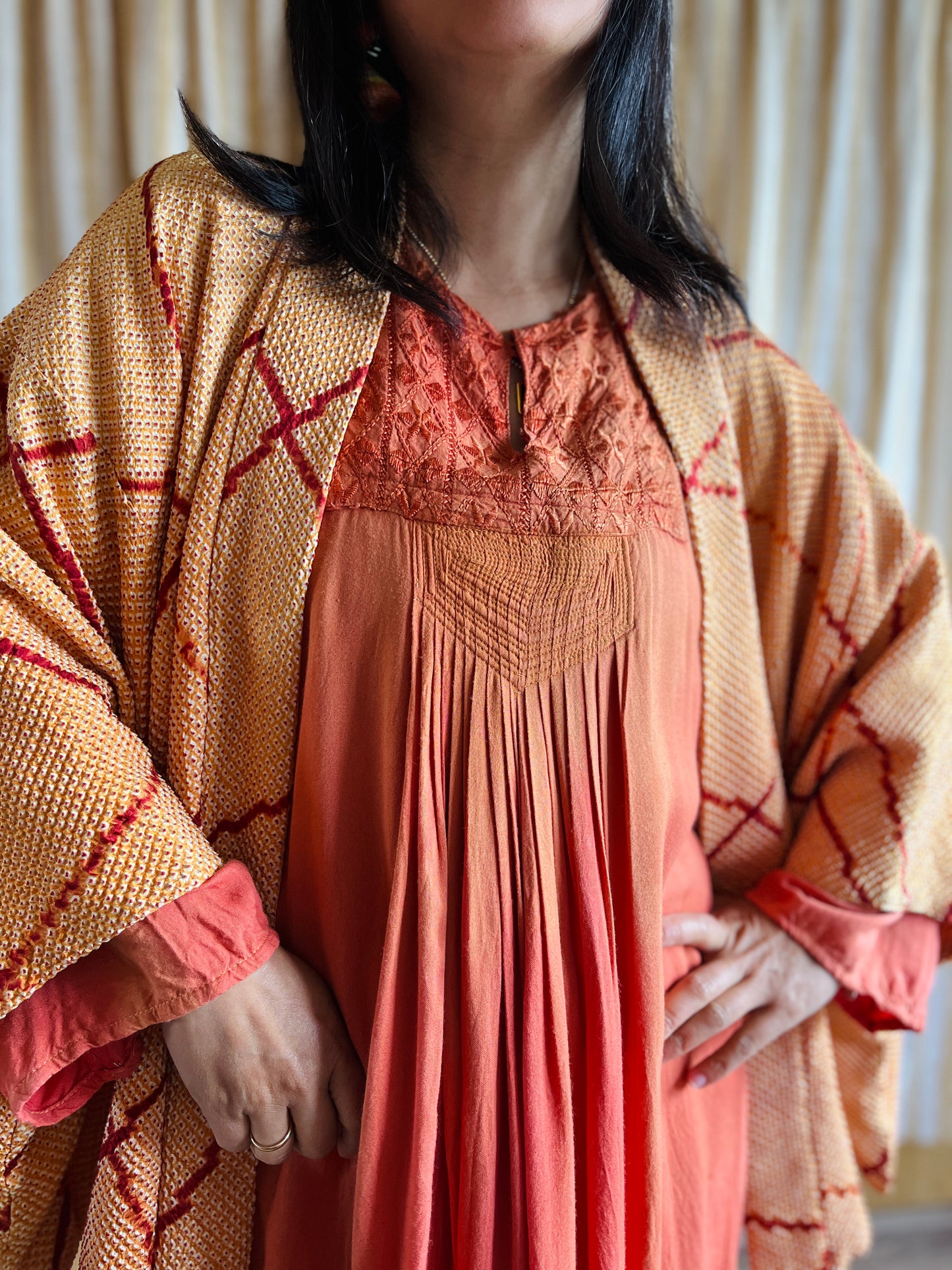 Fading Apricot orange silk embroidered pleated dress