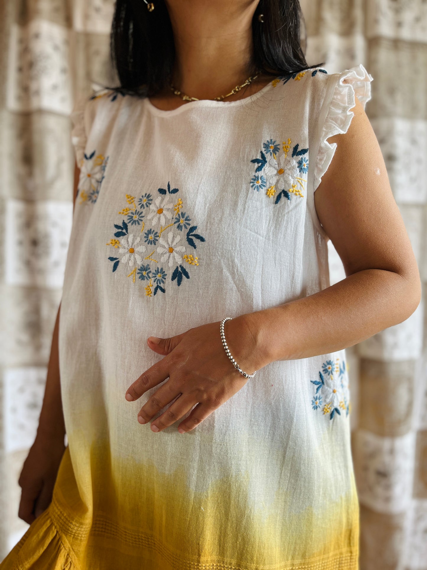 Hand dye cheesecloth scalloped gathered dress