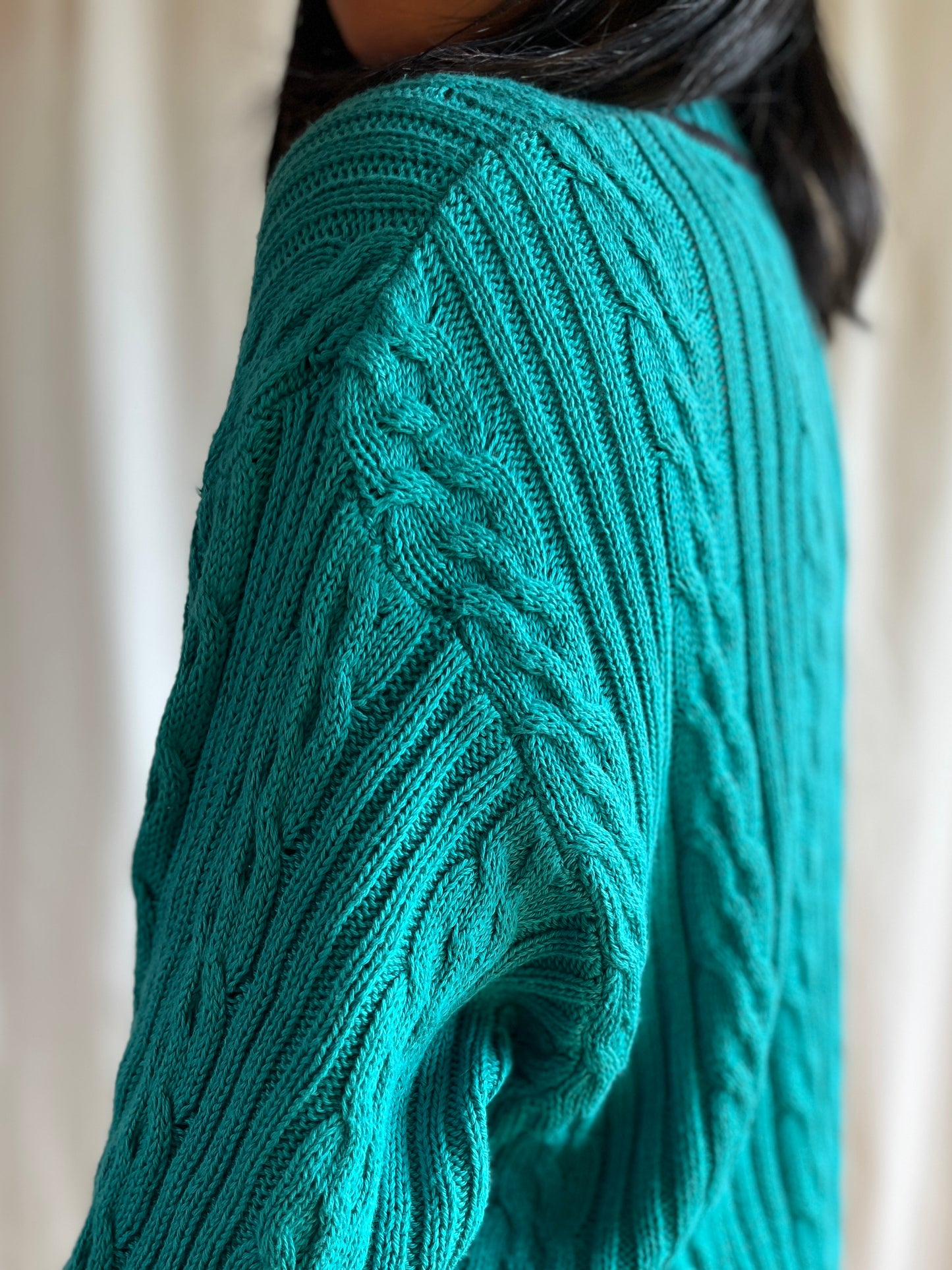 Vneck Cotton cable knit boyfriend jumper in turquoise blue