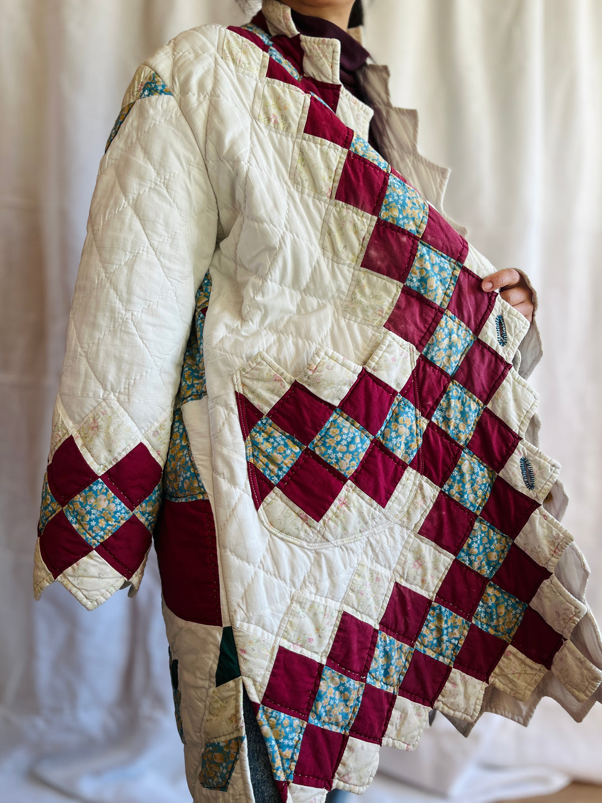 Hand quilted vintage blanket turns Long Coat