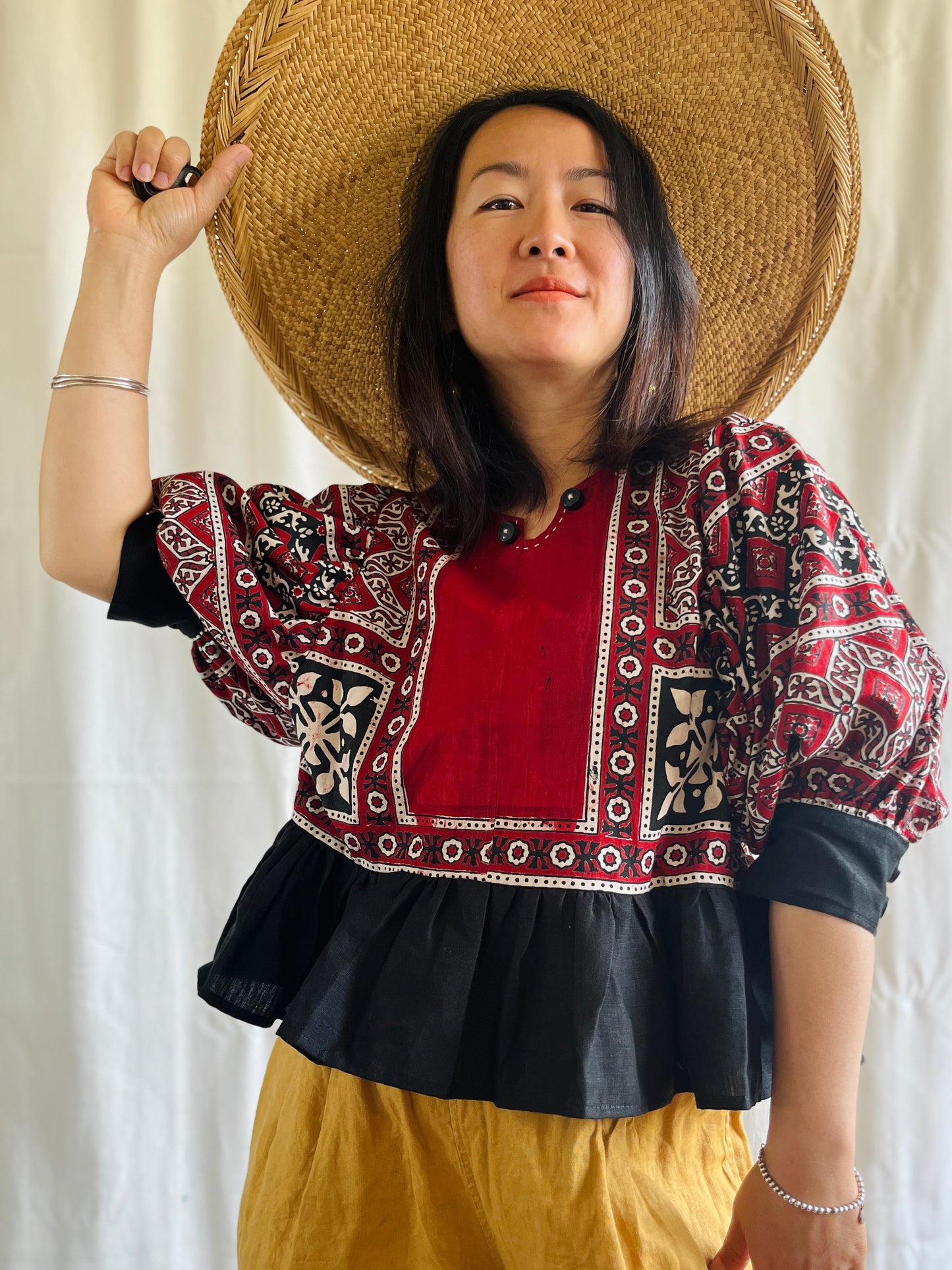 Silky Block Print Air Balloon Sleeve Tunic