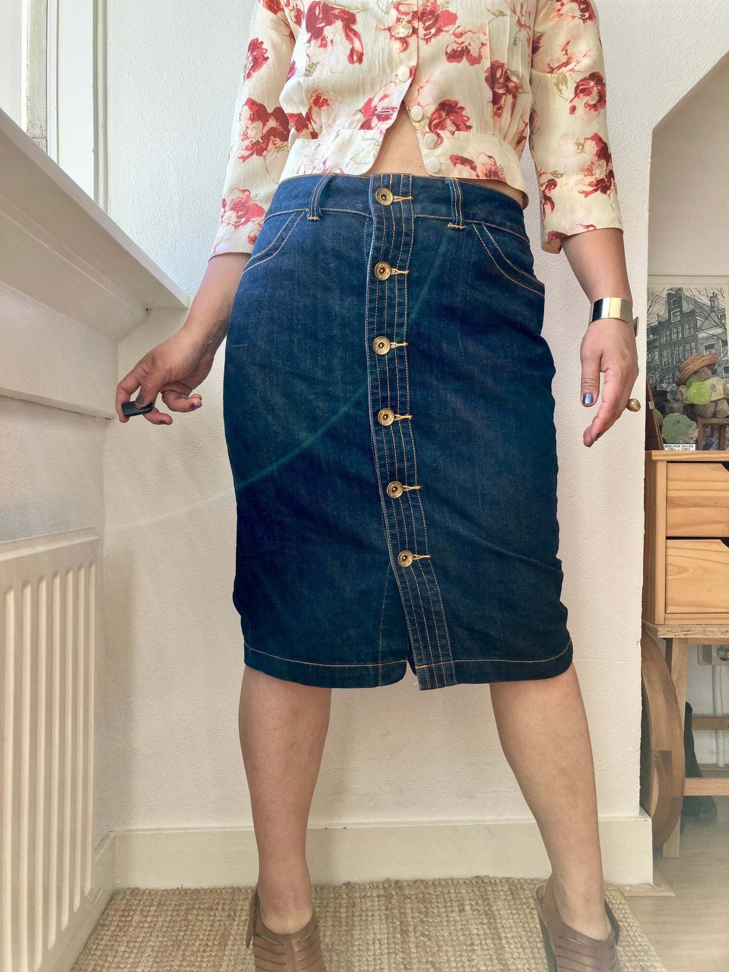 Vintage 90s High Waist Front button Denim Pencil skirt