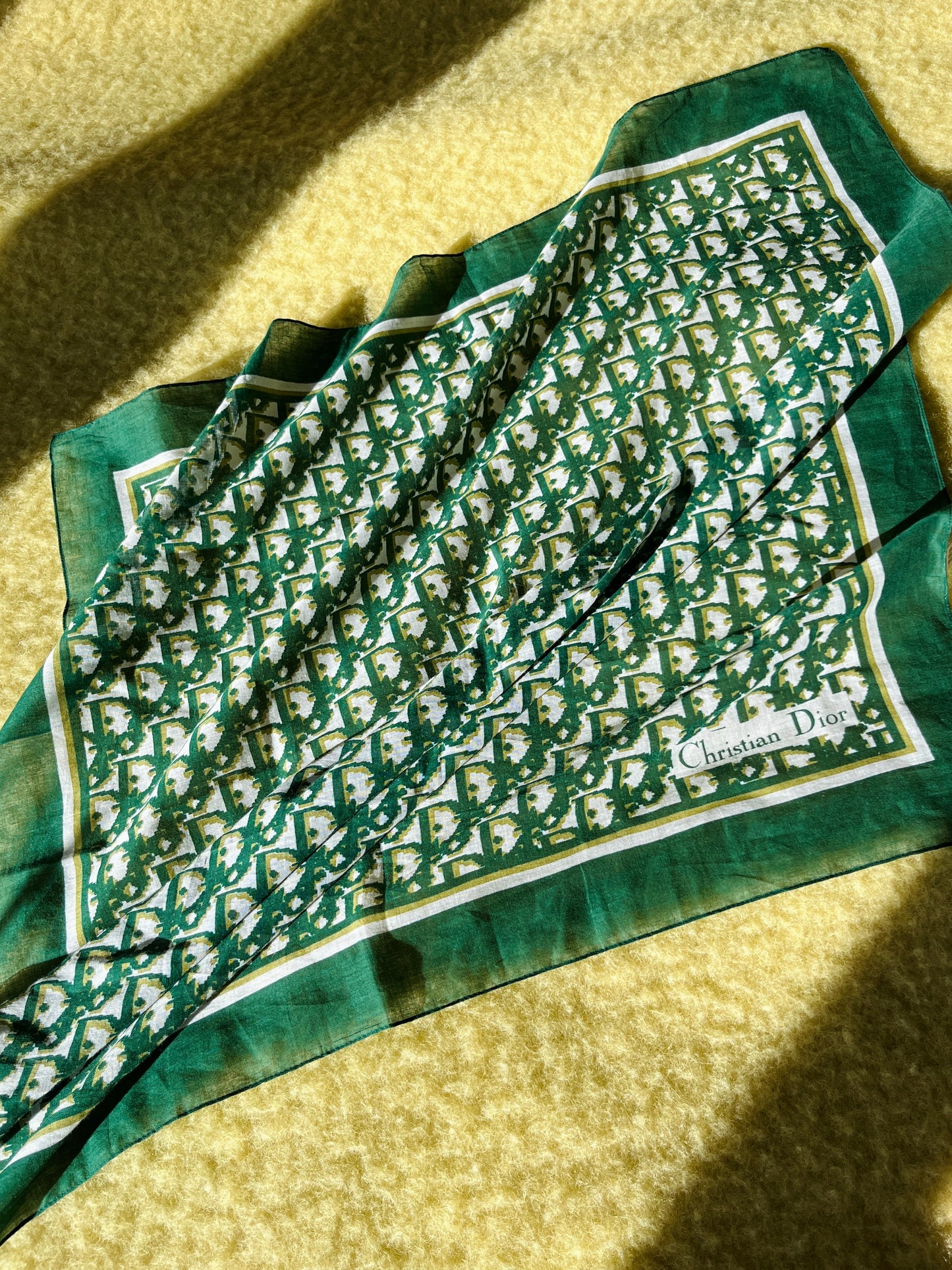 Vintage Christian Dior Monogram Green Cotton Square Scarf
