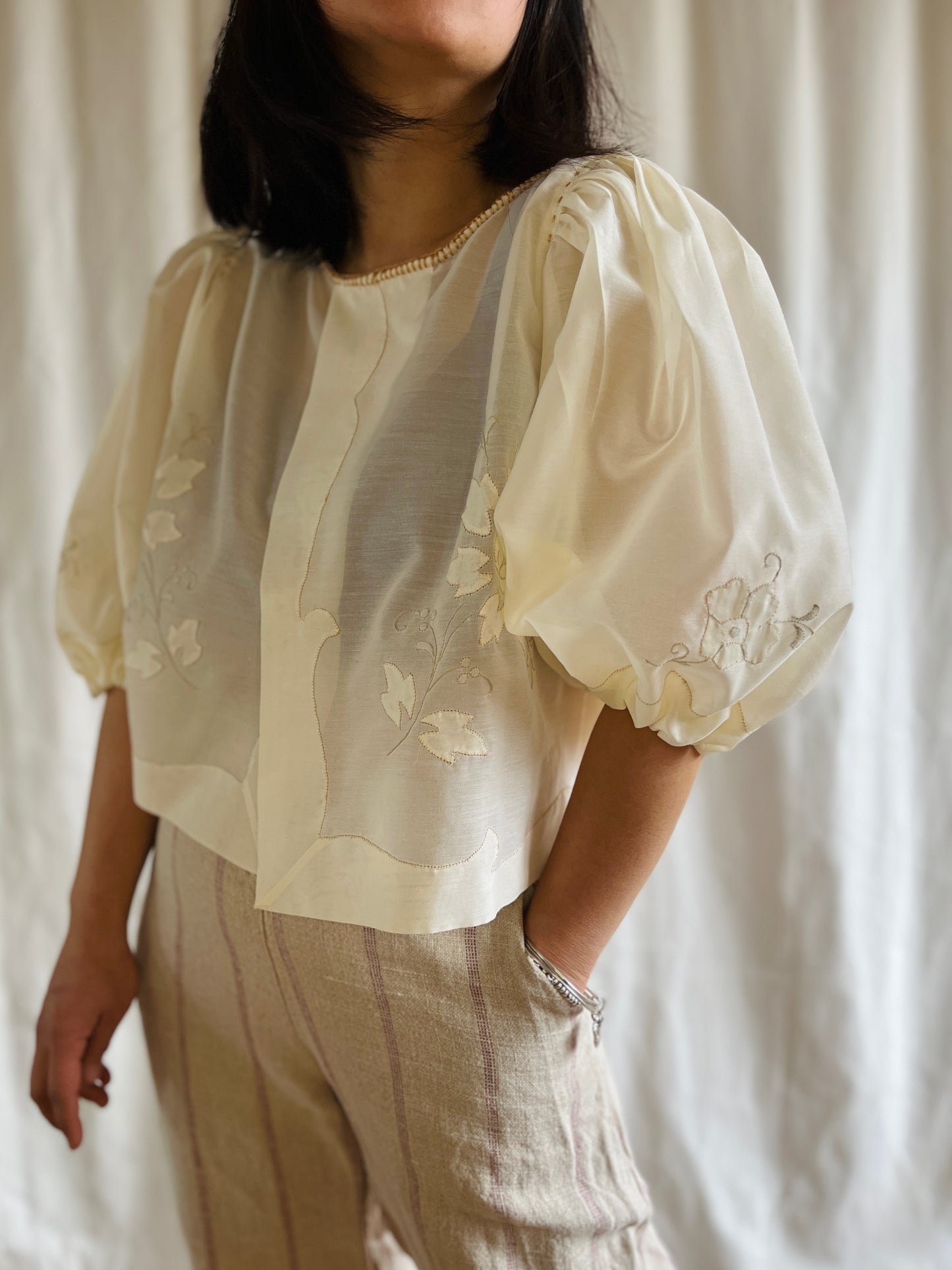 Repurpose See through Appliqué tablecloth turns Dolly Blouse