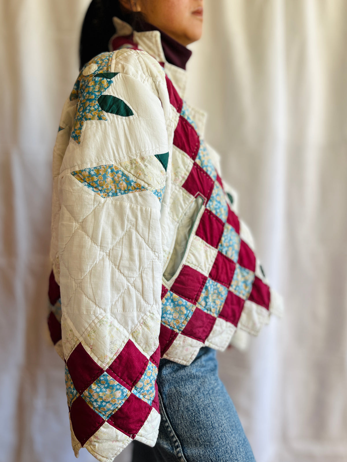 Hand quilted vintage blanket turns Short Coat