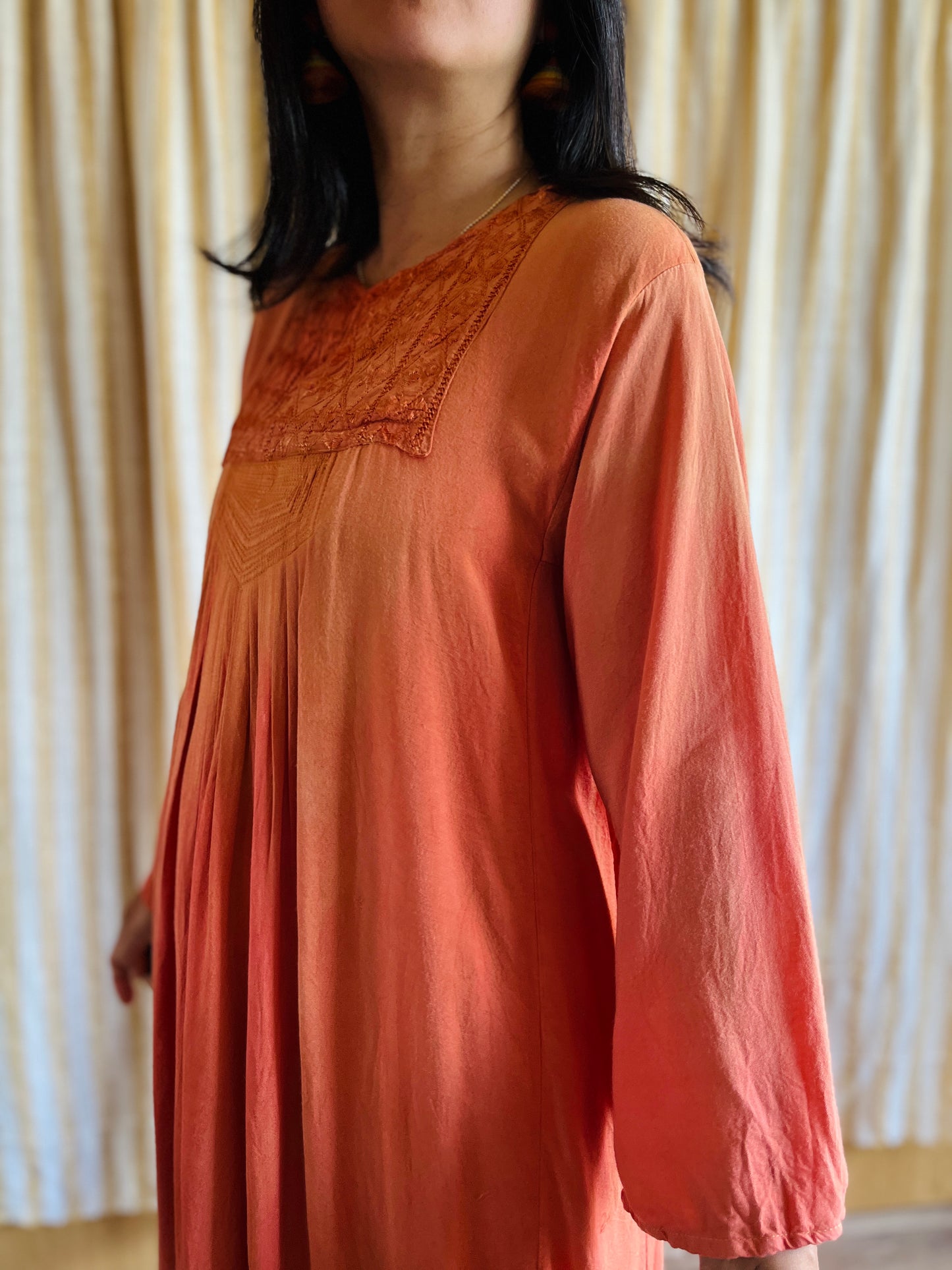 Fading Apricot orange silk embroidered pleated dress