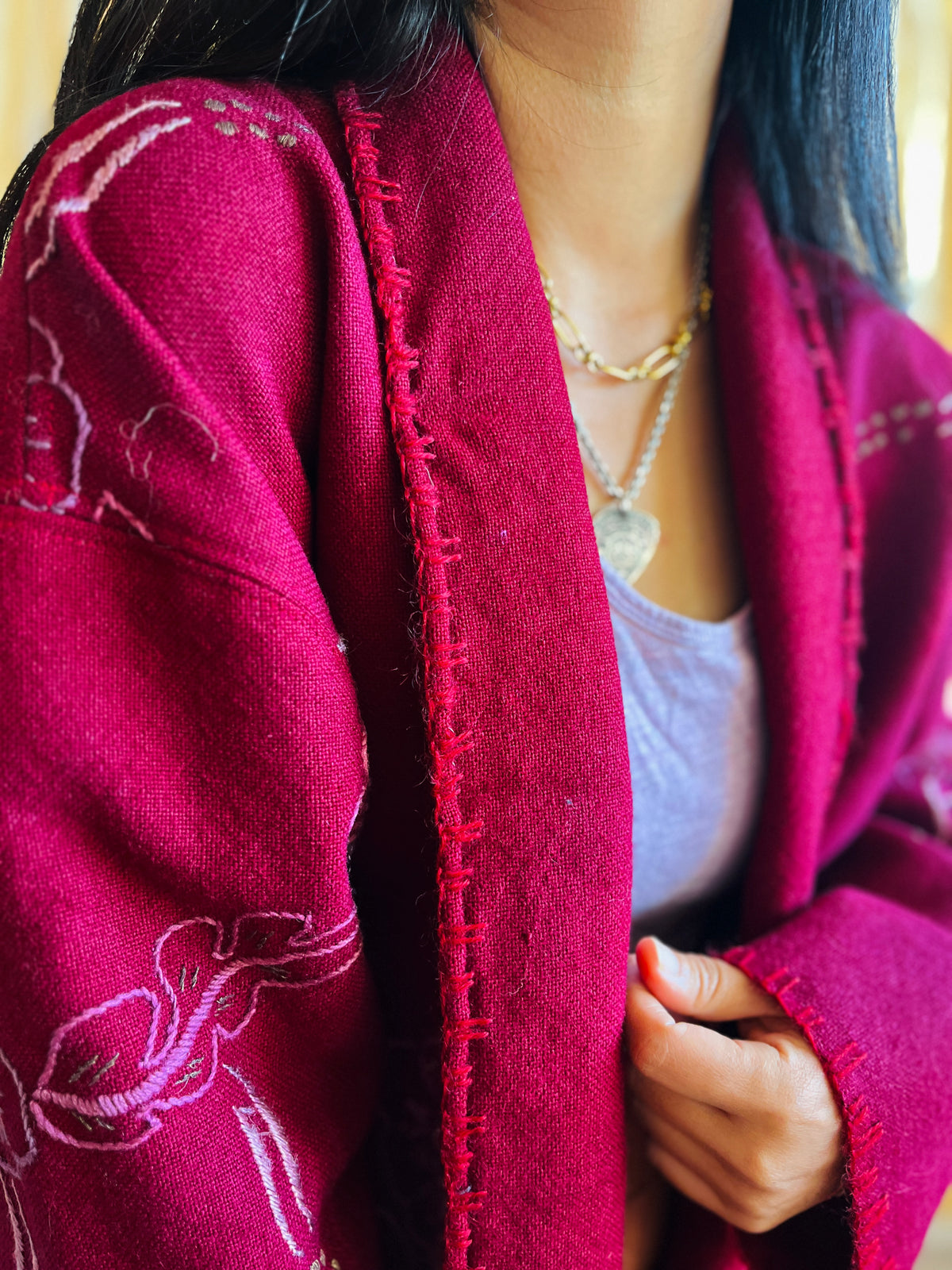 Double Wool Short Kimono with silk and metallic embroidery