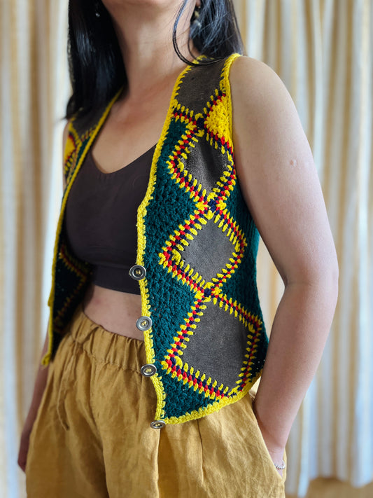 Vintage handmade Suede Crochet Patchwork Gilet