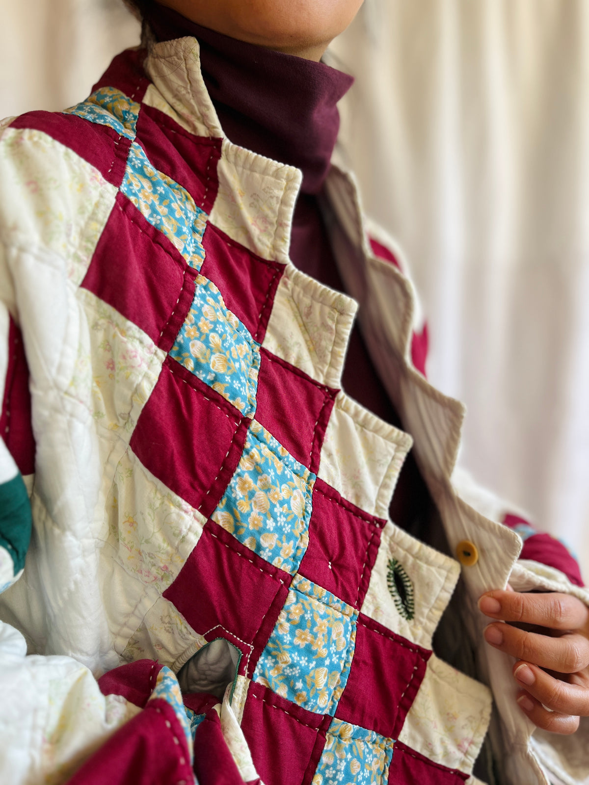 Hand quilted vintage blanket turns Short Coat
