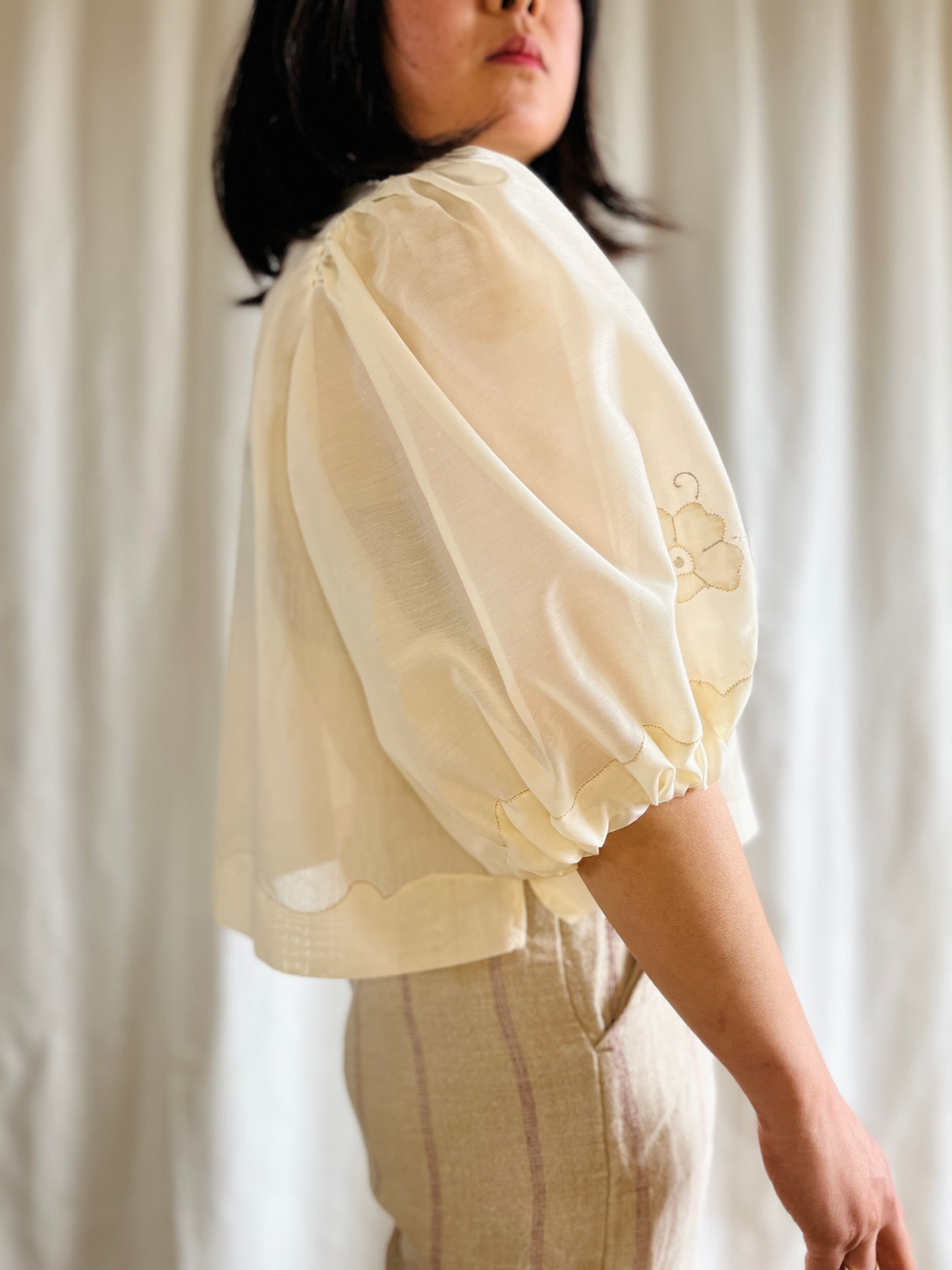 Repurpose See through Appliqué tablecloth turns Dolly Blouse