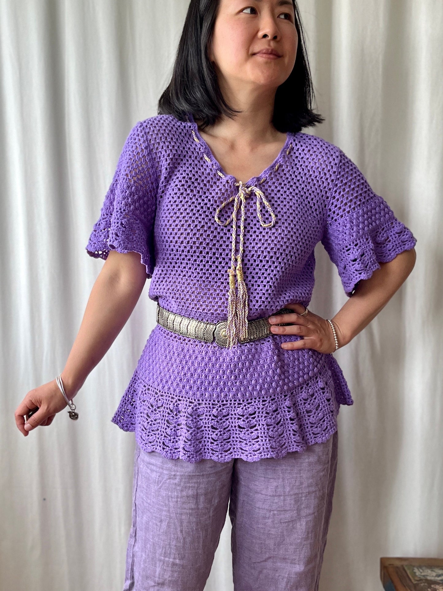 Handmade Vintage Crochet romantic lilac pullover with bell sleeves