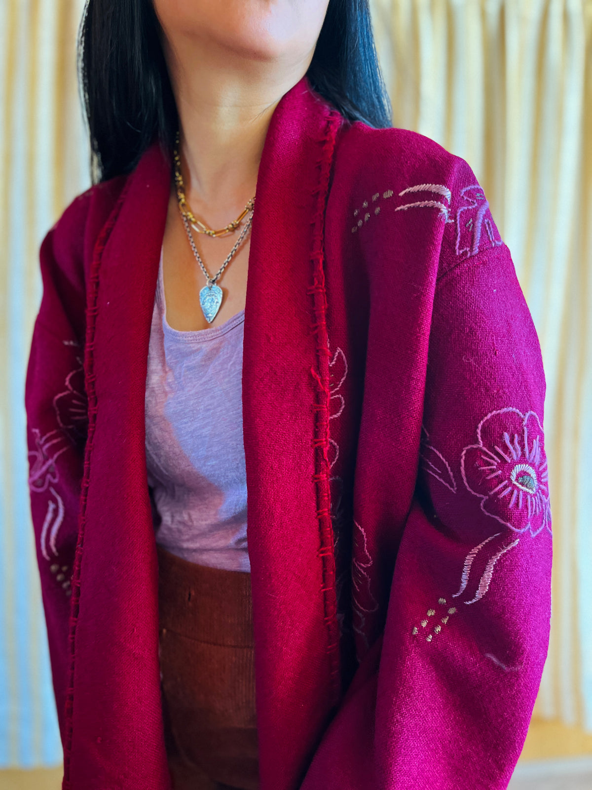 Double Wool Short Kimono with silk and metallic embroidery