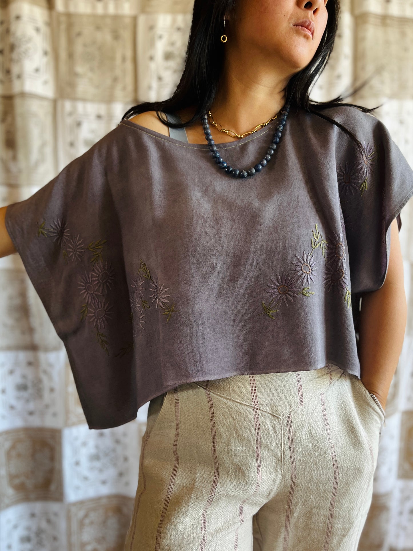 Square circle draped tee - Grey floral