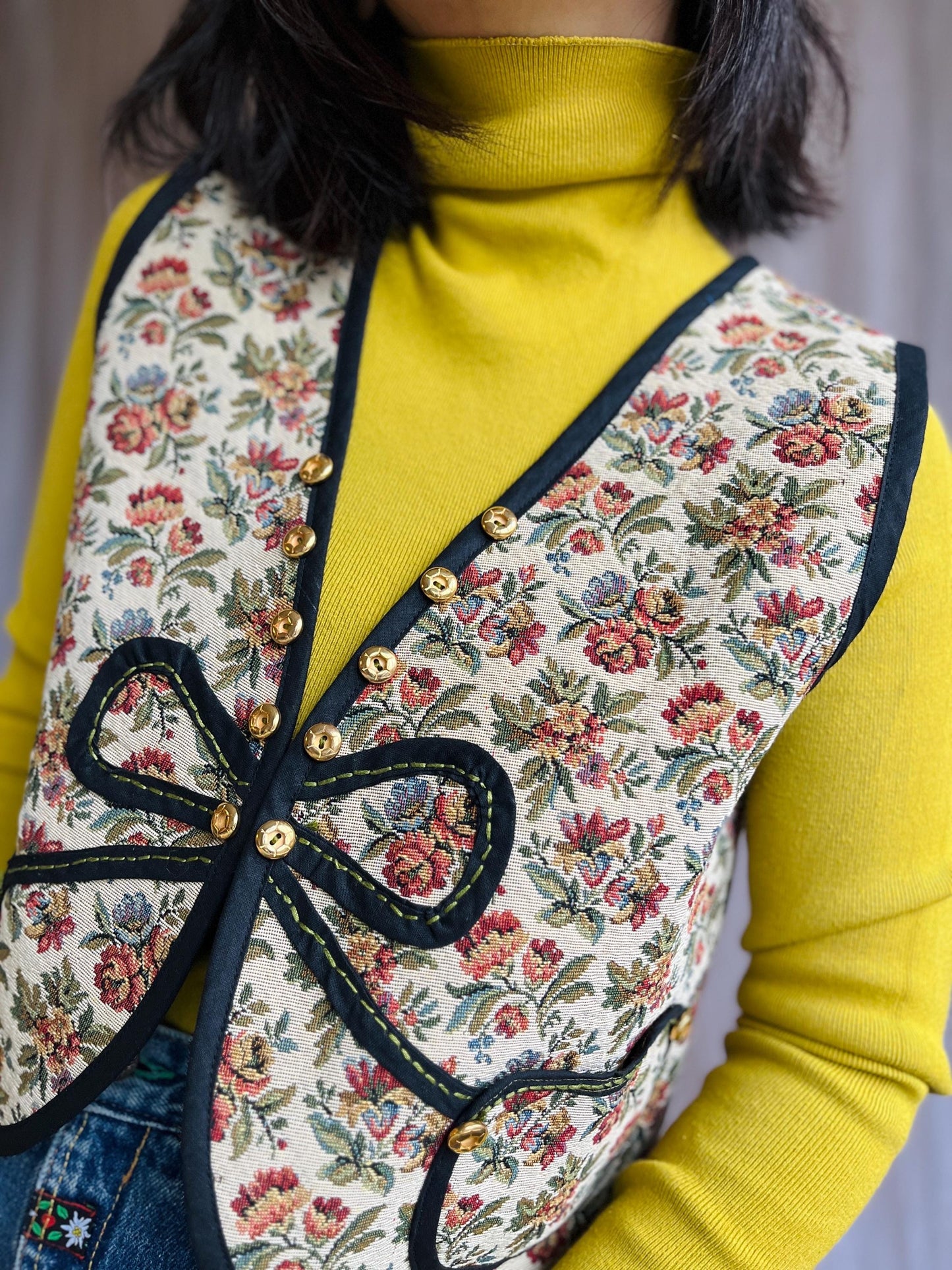 Double sided Sweater Gilet made from Vintage tapestry and Appliqué tablecloth