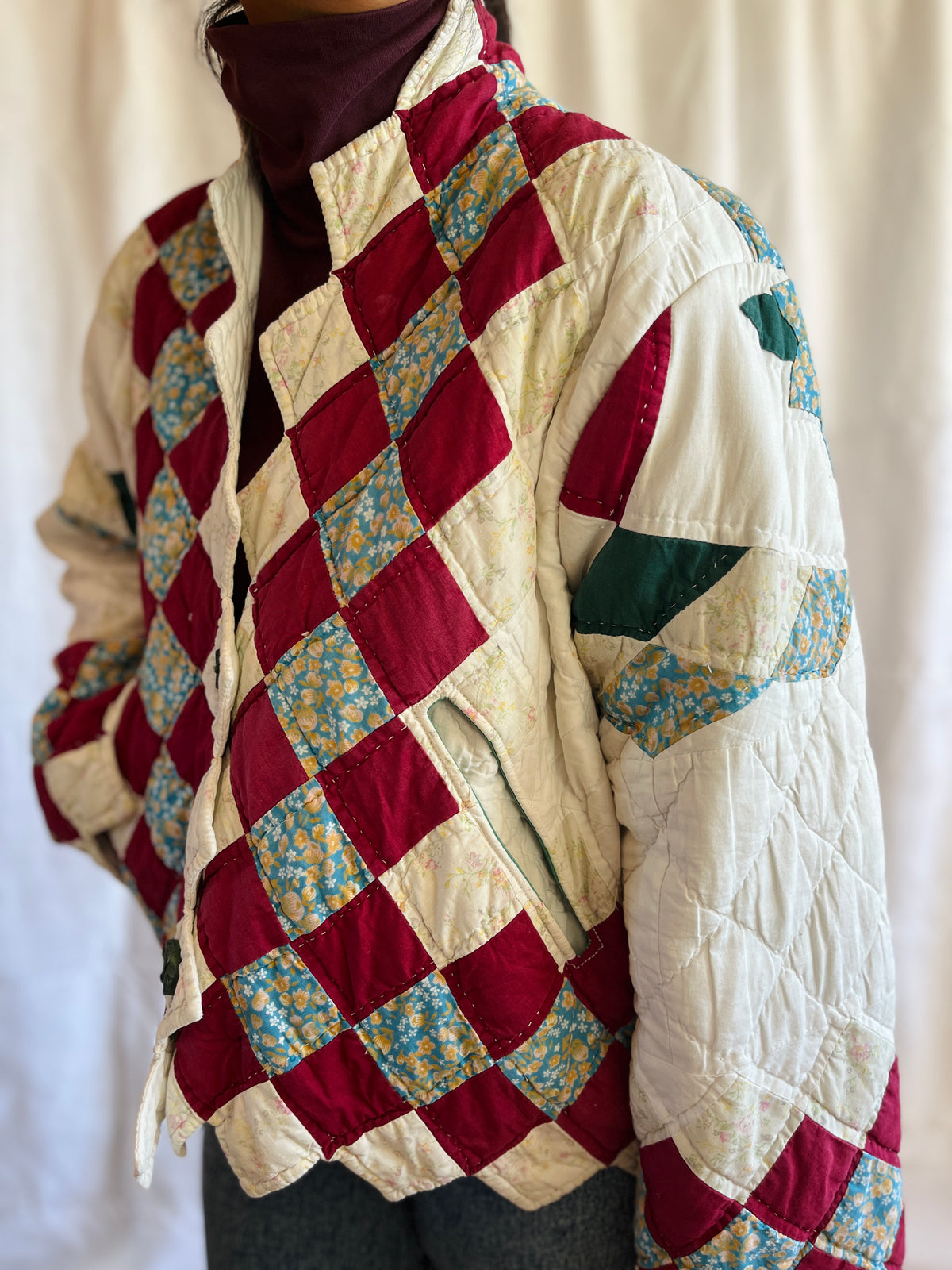 Hand quilted vintage blanket turns Short Coat