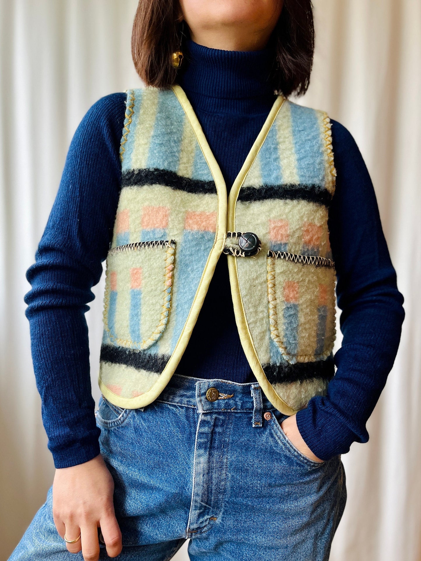 Repurposed Thick Boiled wool blanket turns Huggy Gilet