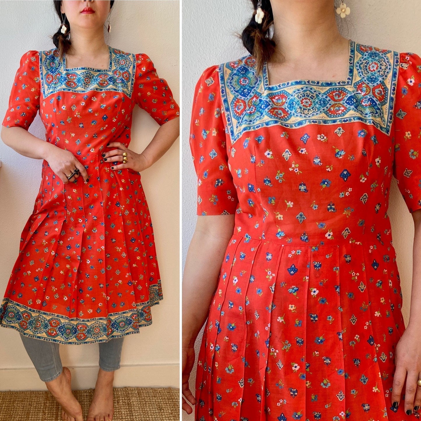 Vintage 1970s handmade floral paisley block print pleated midi dress