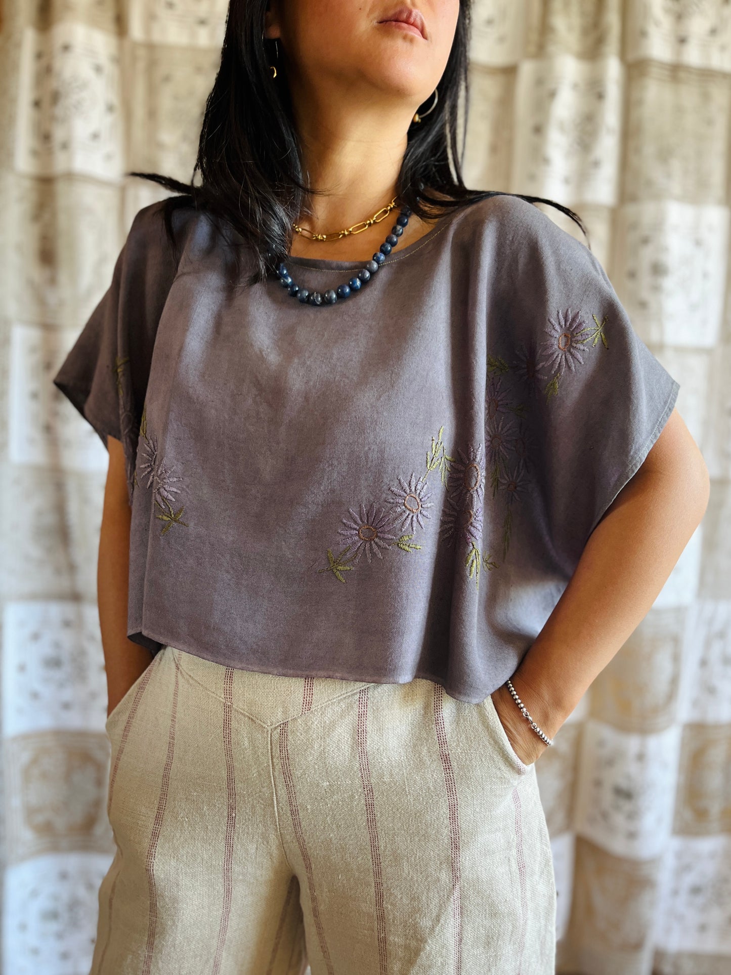 Square circle draped tee - Grey floral