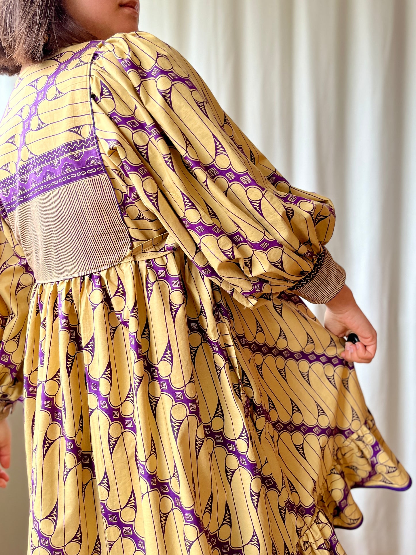 Batik Fabric turns 70s Goddess Dress Balloon Sleeves