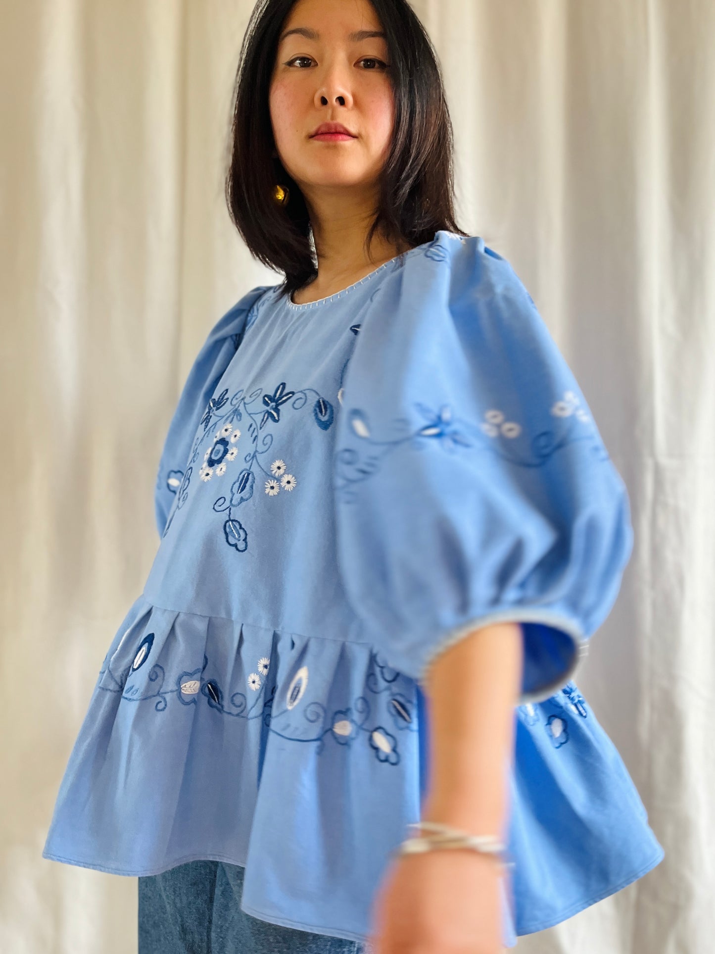 Hand Embroidered Blue Daisy Dolly tunic