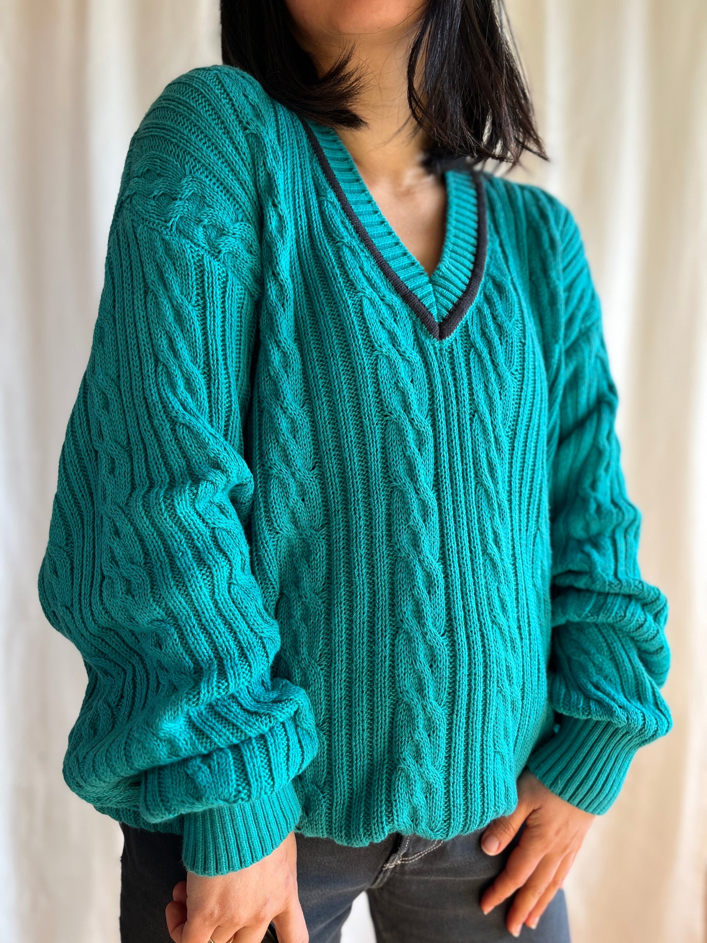 Vneck Cotton cable knit boyfriend jumper in turquoise blue