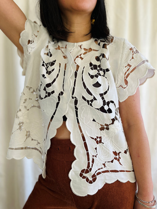 Stunning Antique Cutwork Lace Button Shirt