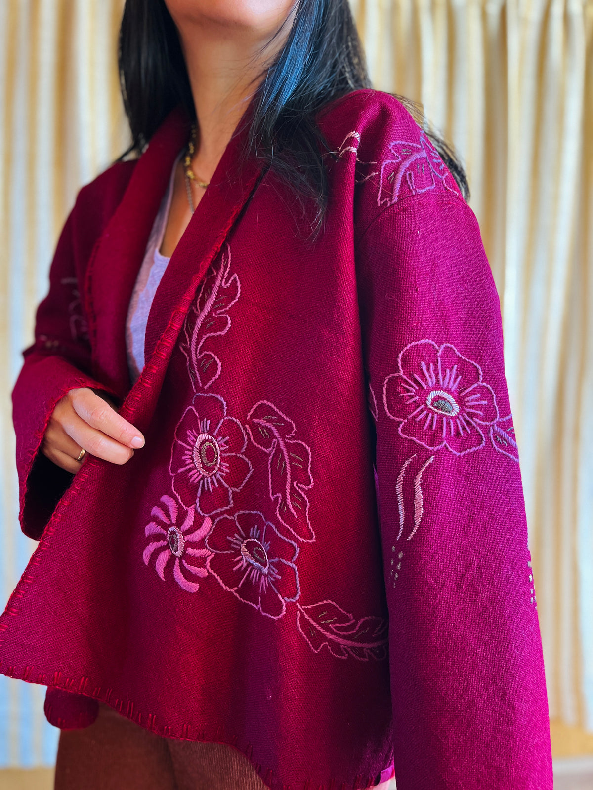 Double Wool Short Kimono with silk and metallic embroidery