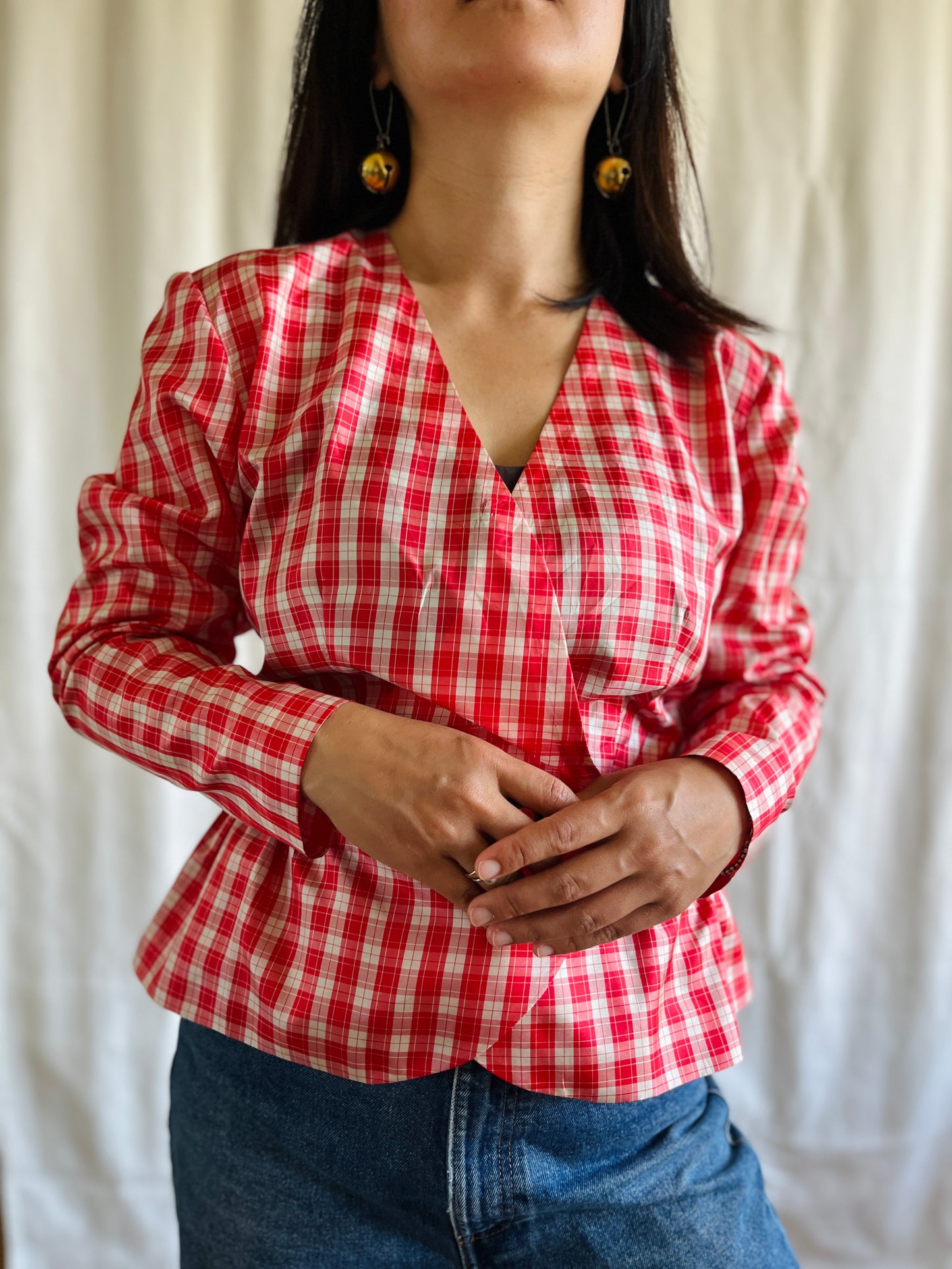 Handmade Vintage 60s Sweet Cherry Gingham Sweetheart Blouse