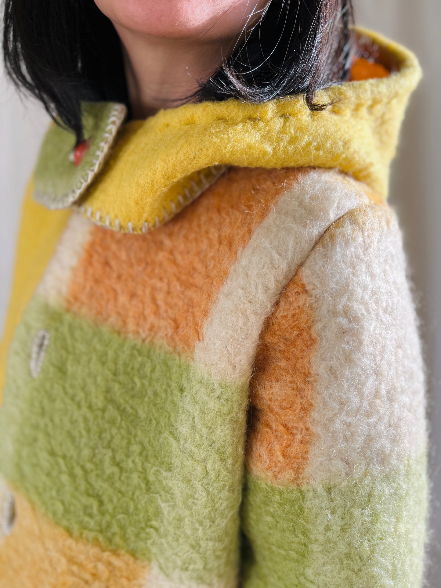 Repurpose thick wool blanket turns cosy winter coat with detachable Hoodie
