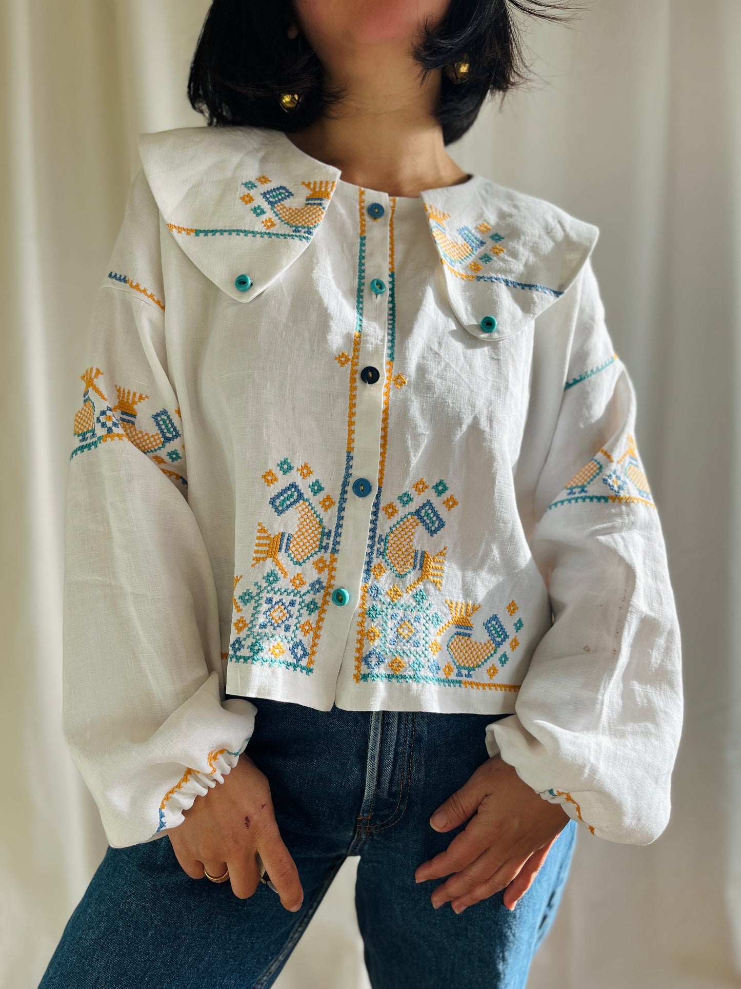 🎴 Love birds linen big collar blouse