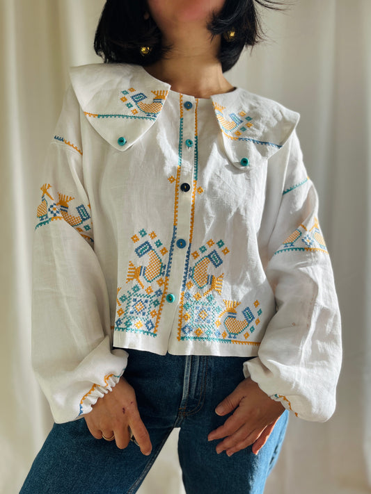 🎴 Love birds linen big collar blouse