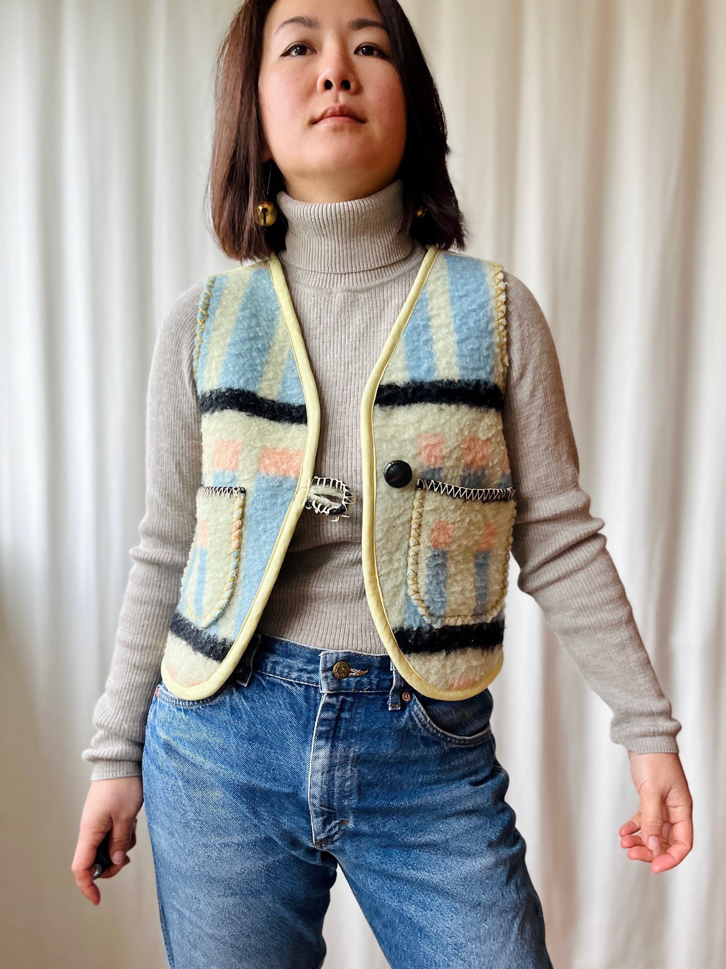 Repurposed Thick Boiled wool blanket turns Huggy Gilet