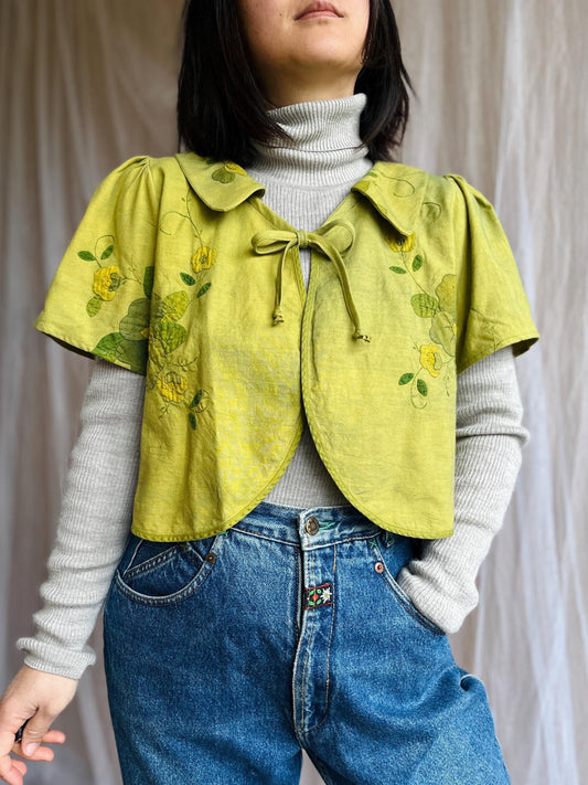 Dyed Green Appliqué tablecloth turns round collar cropped shirt with ties