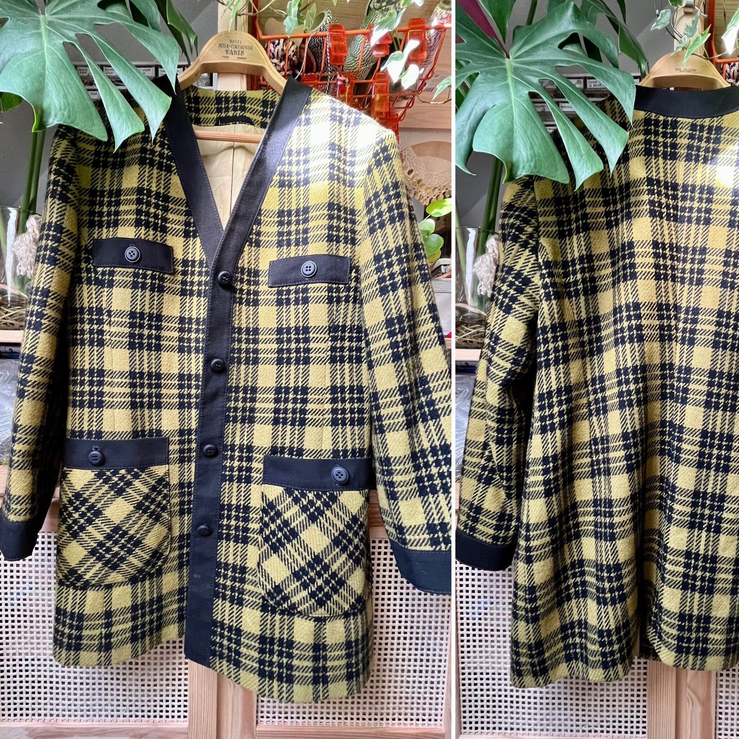 80s Light Wool Coat Checker Mustard black Houndstooth Long Blazer