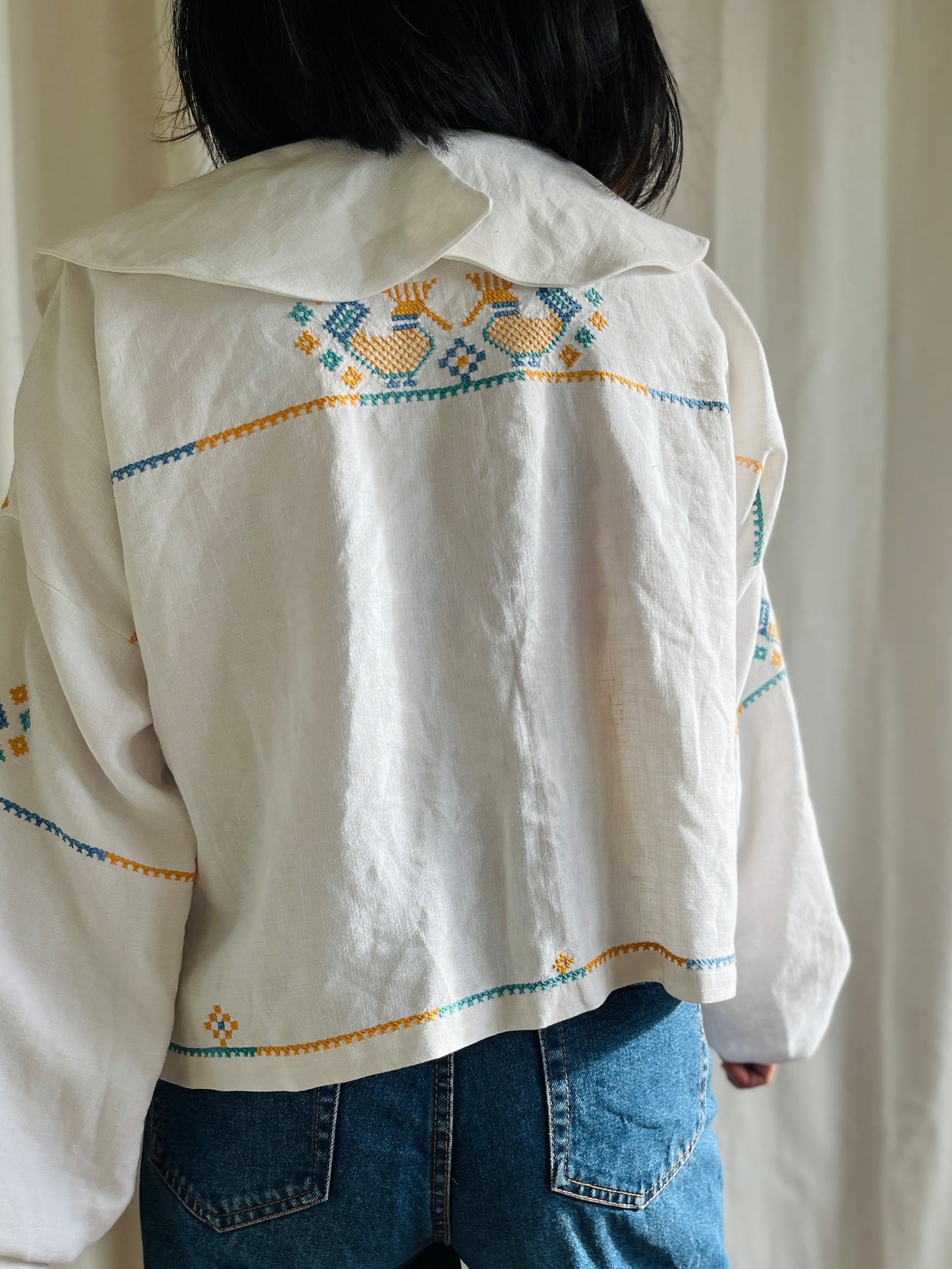 🎴 Love birds linen big collar blouse