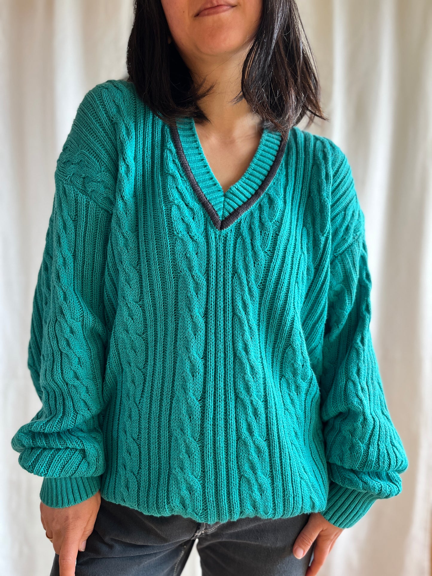 Vneck Cotton cable knit boyfriend jumper in turquoise blue