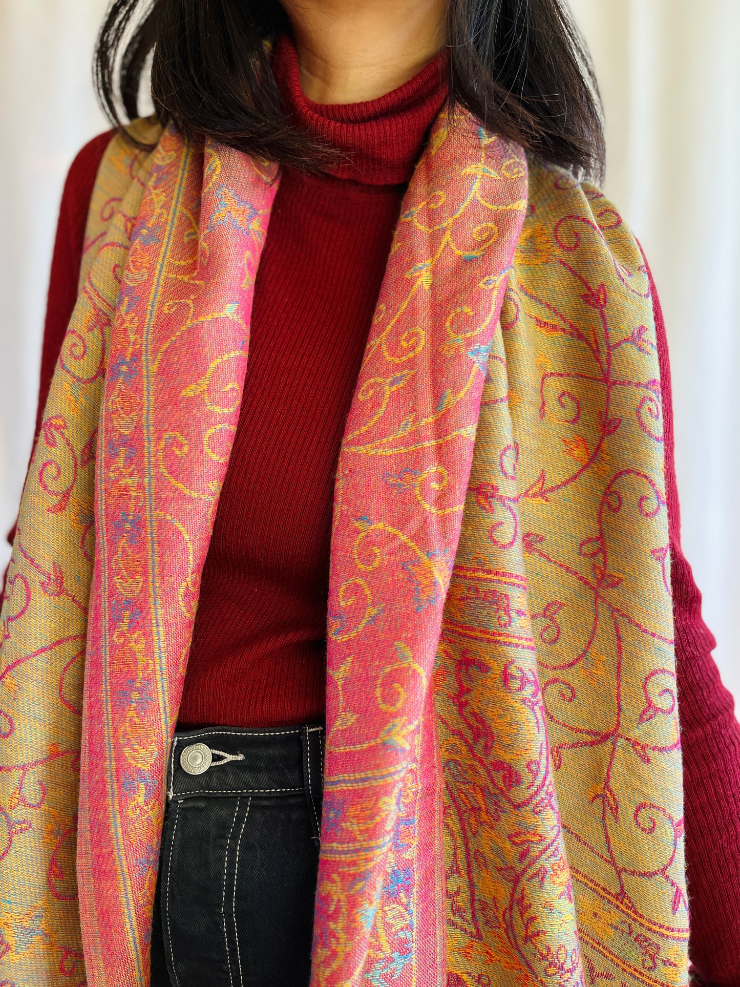 Vintage Pashmina Silk Shawl Reversible Tassel Paisley woven scarf