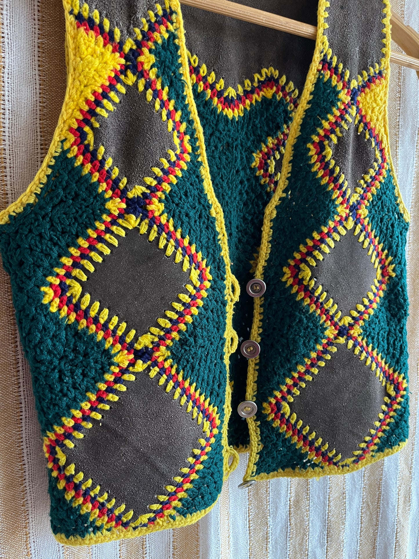 Vintage handmade Suede Crochet Patchwork Gilet