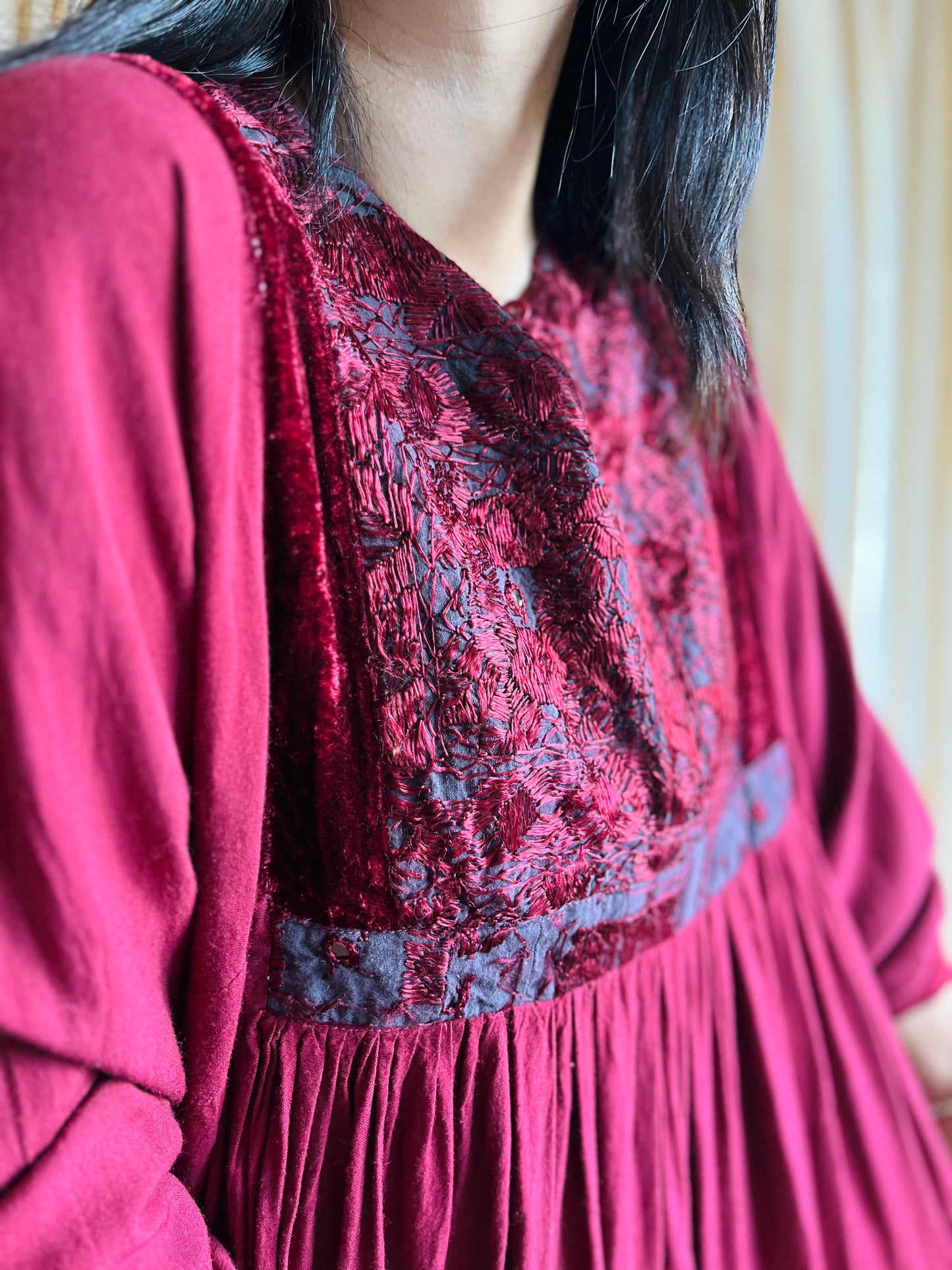 70s Burgundy velvet Afghanistan Silk embroidery Tunic