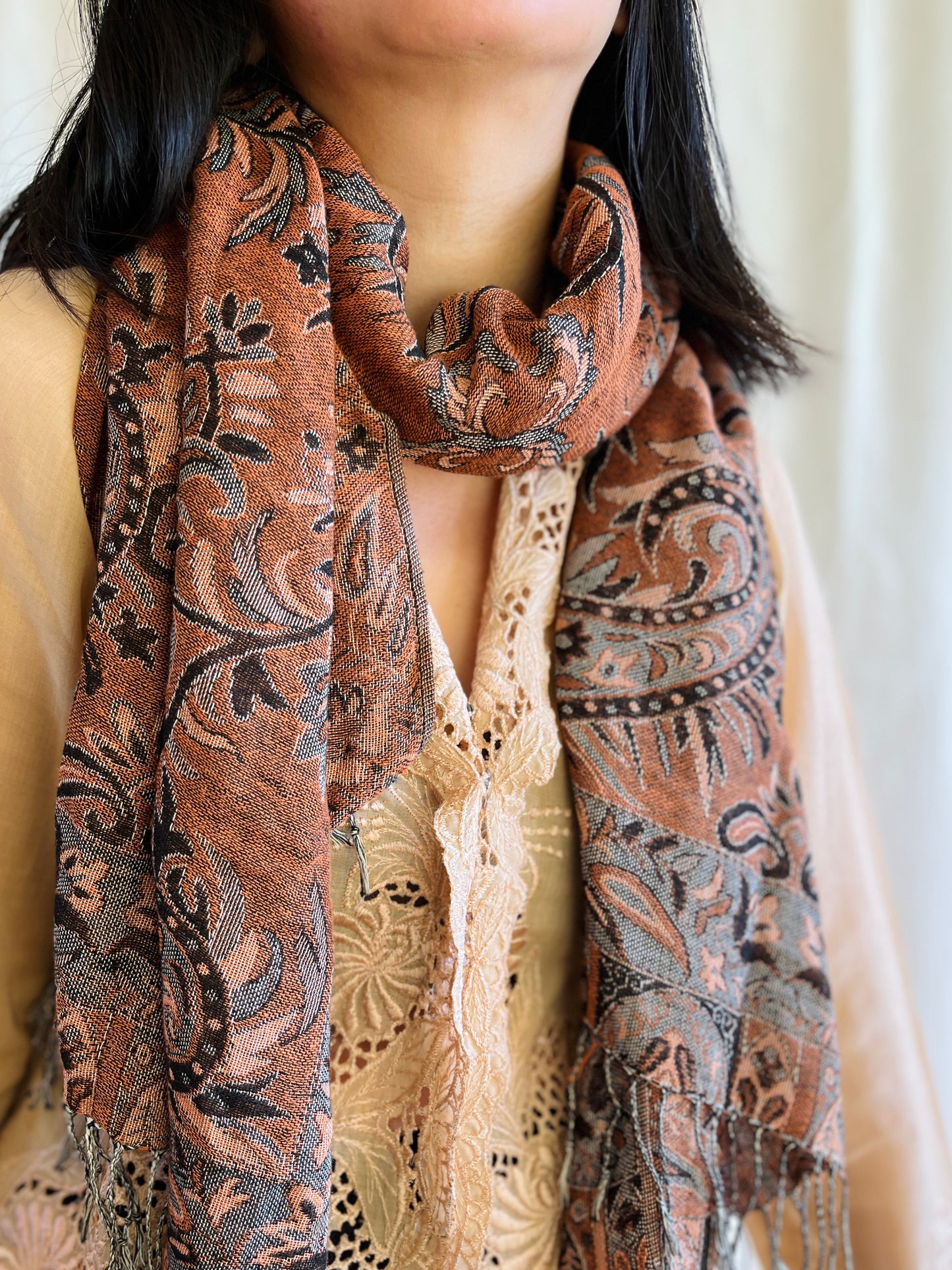 Rustic Reversible Bronze and peach orange Indian Woven Shawl