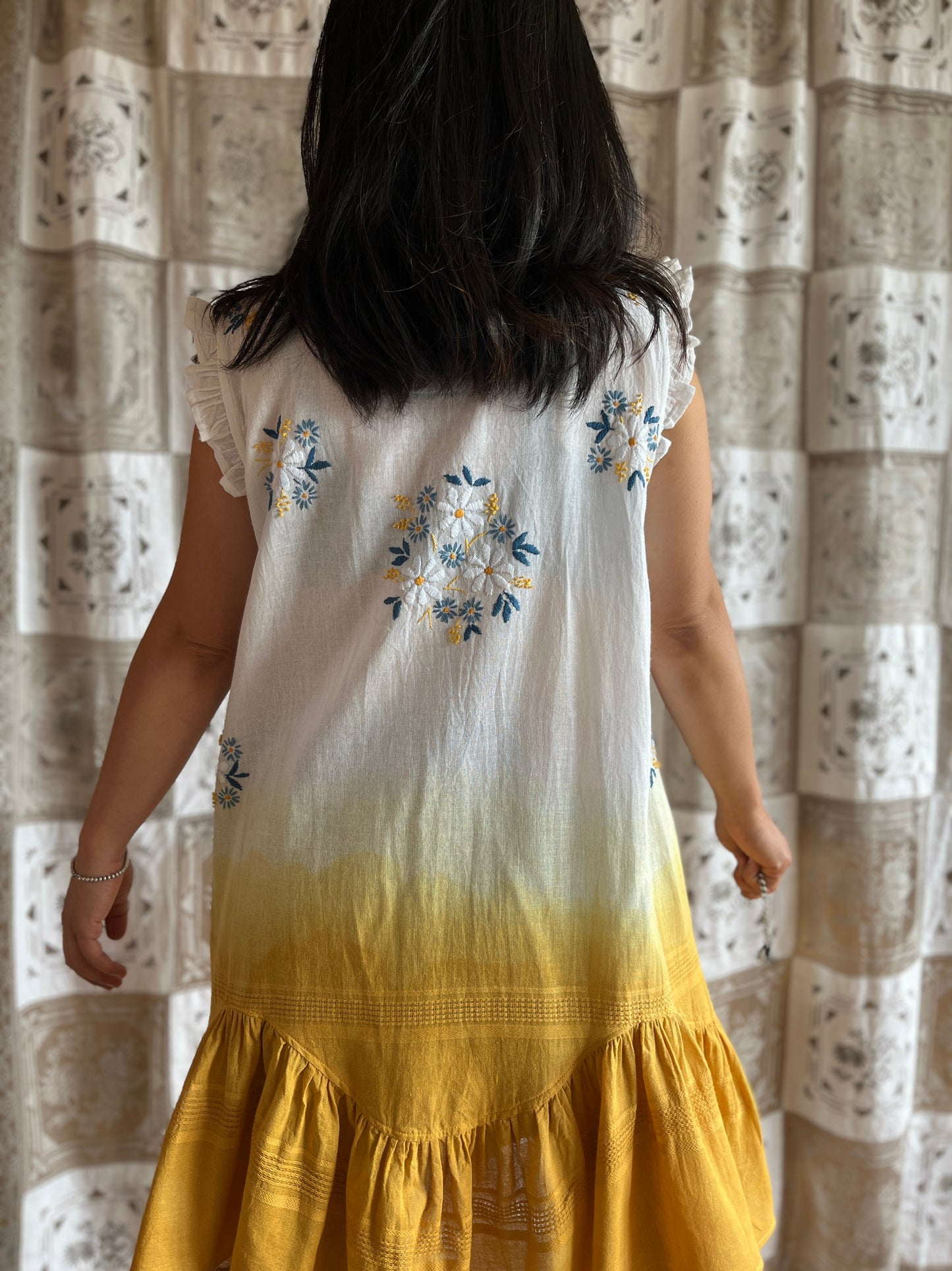 Hand dye cheesecloth scalloped gathered dress