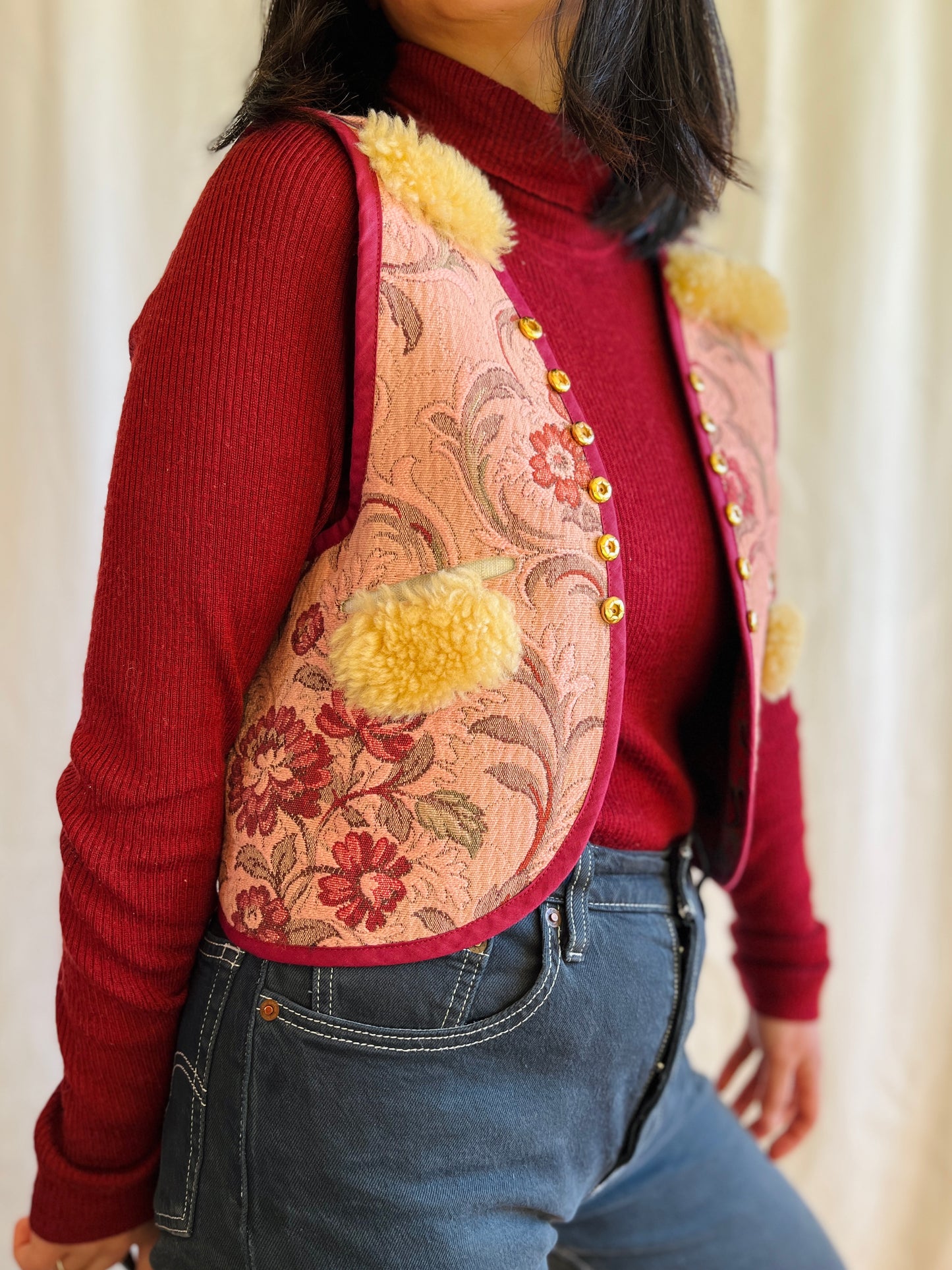 Sweater Gilet made from Vintage tapestry and shearling scraps