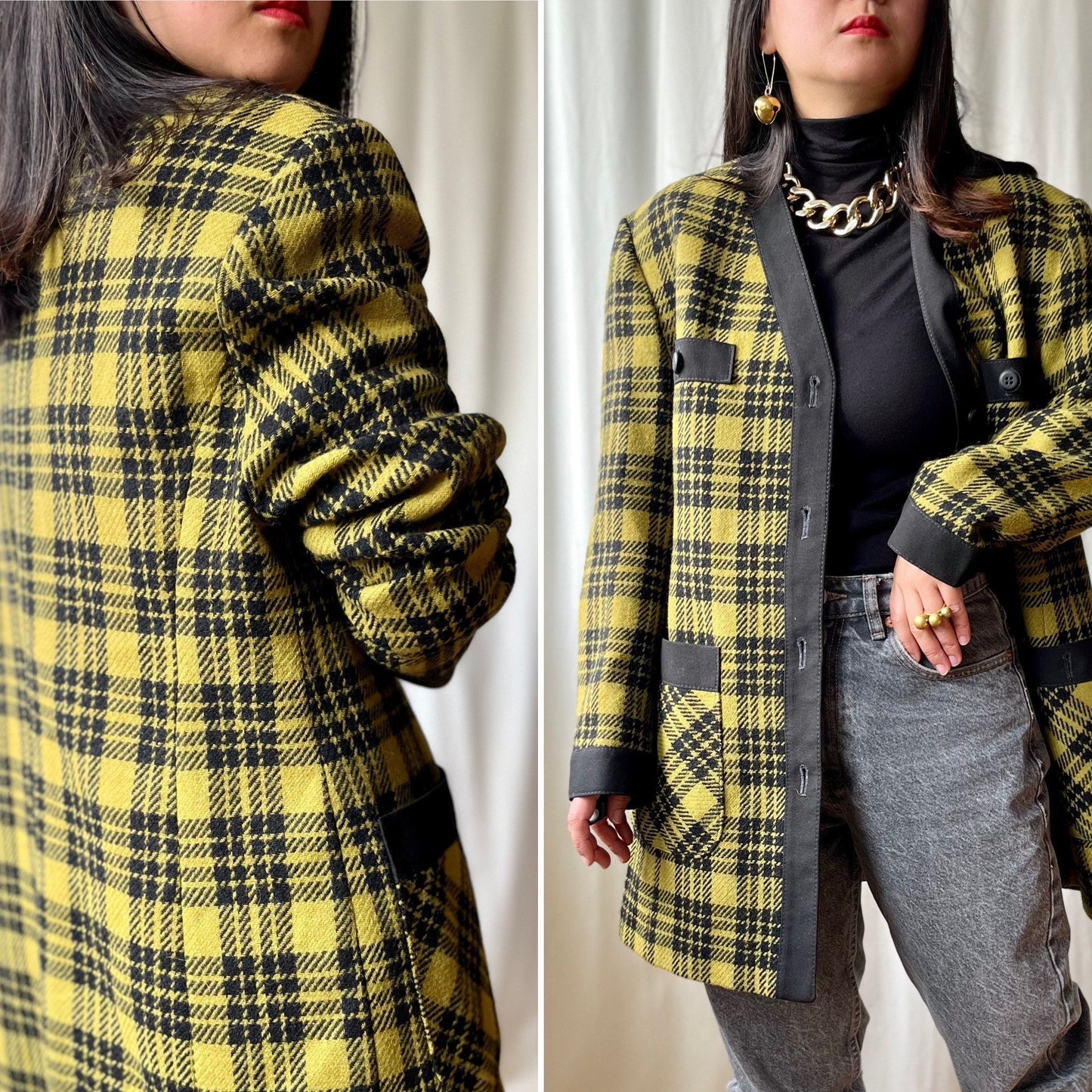 80s Light Wool Coat Checker Mustard black Houndstooth Long Blazer