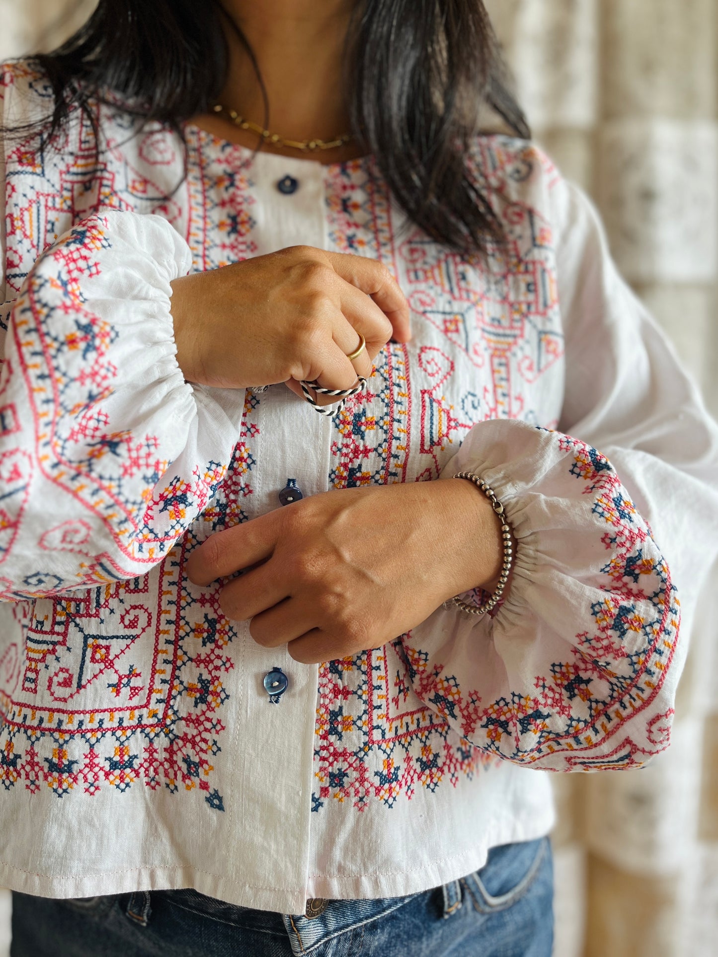 Full embroidery button blouse