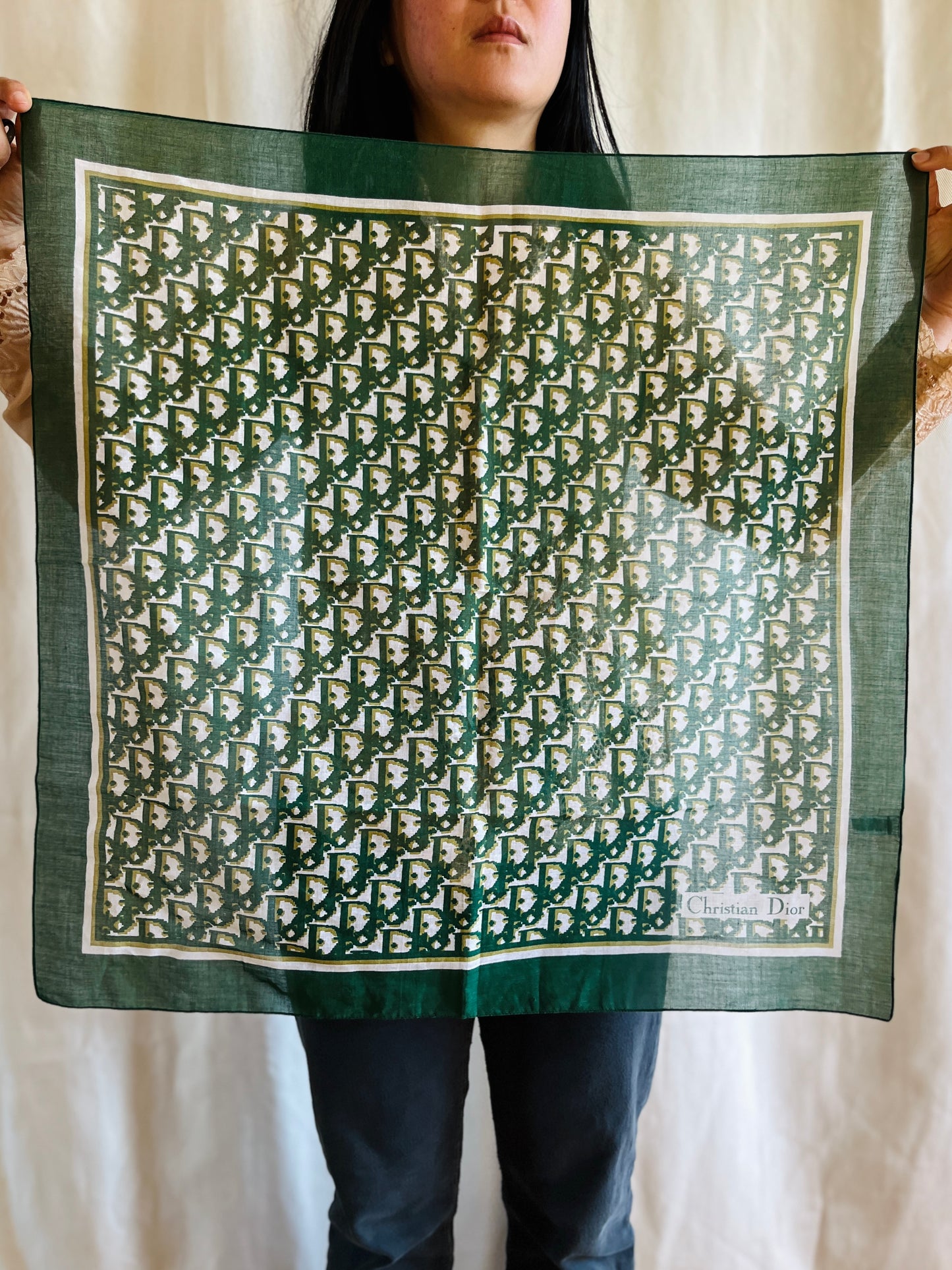 Vintage Christian Dior Monogram Green Cotton Square Scarf