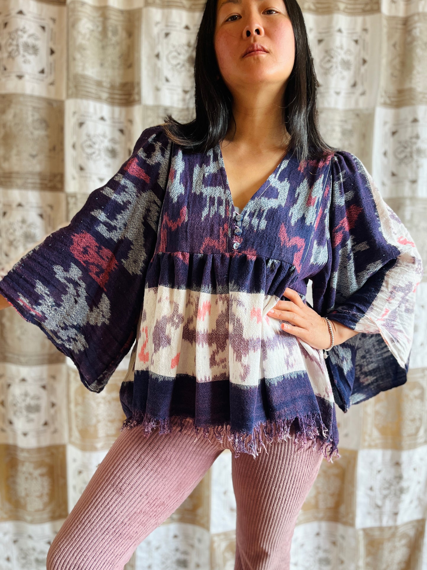 Vintage Batik Goddess Blouse with bracelet sleeves