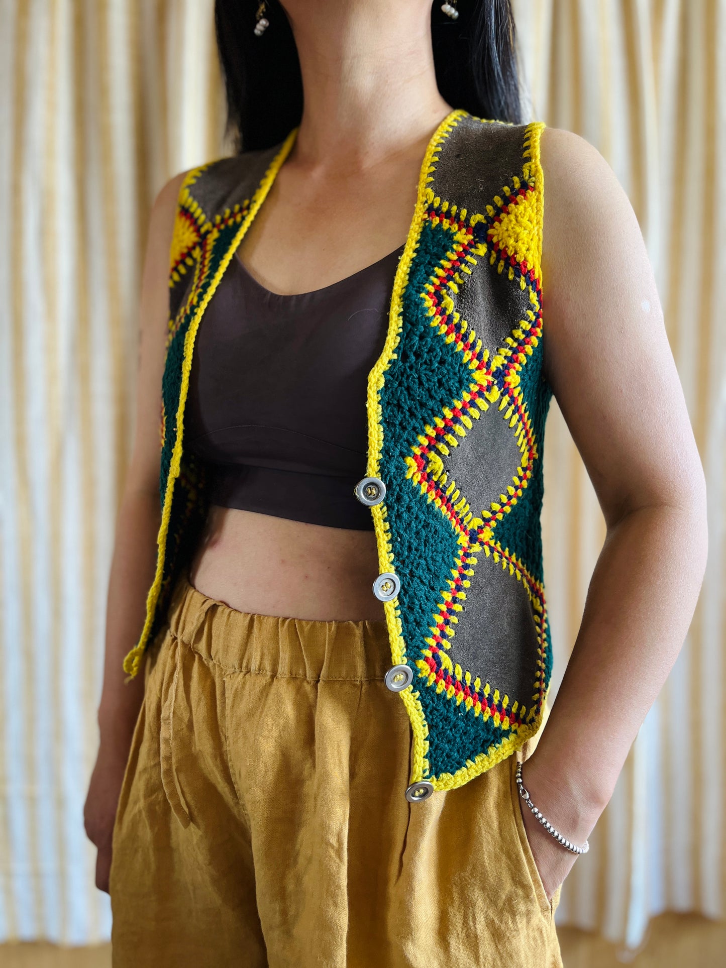 Vintage handmade Suede Crochet Patchwork Gilet