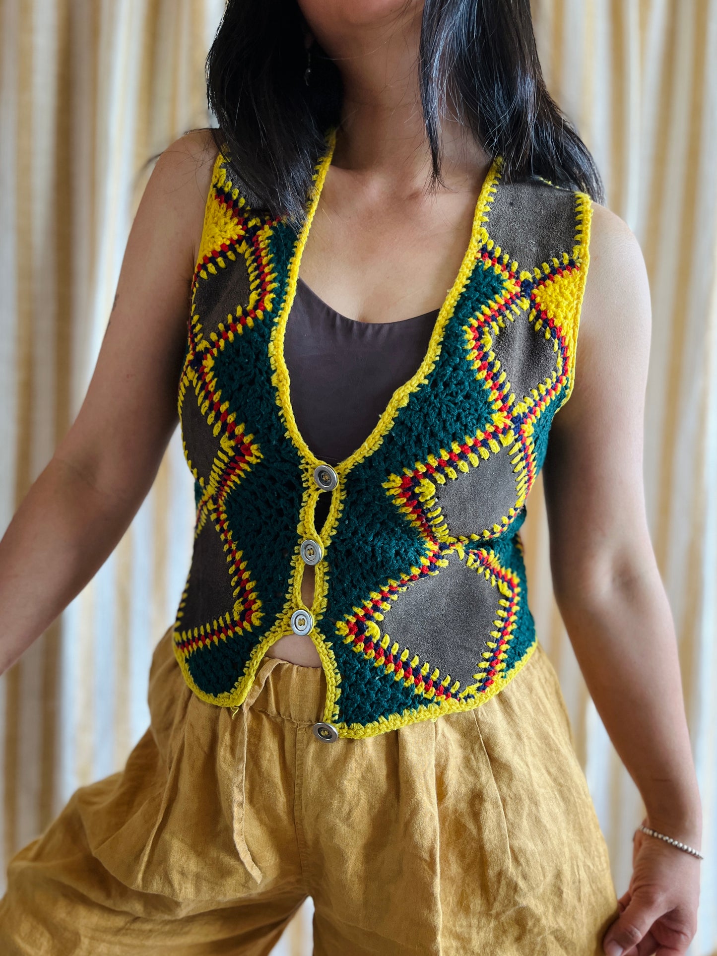 Vintage handmade Suede Crochet Patchwork Gilet
