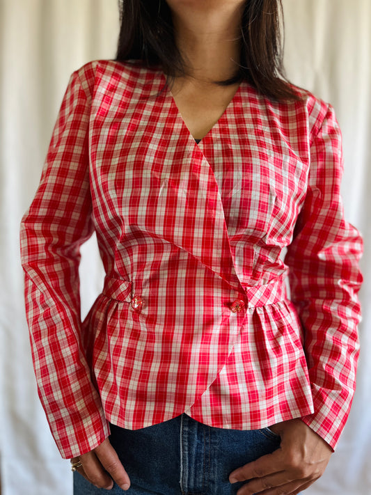 Handmade Vintage 60s Sweet Cherry Gingham Sweetheart Blouse