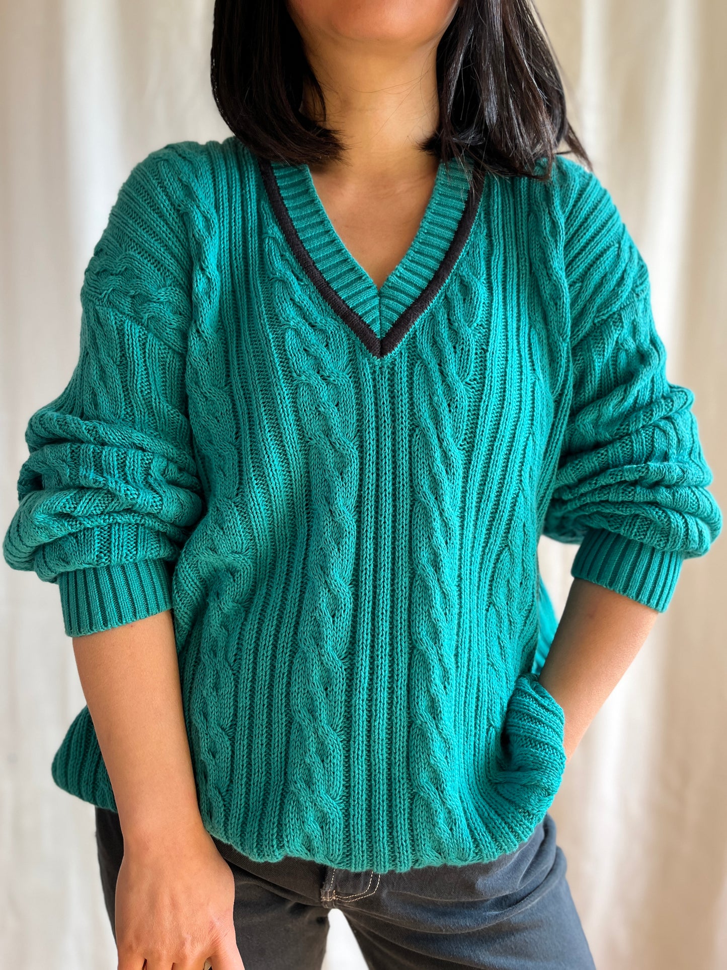 Vneck Cotton cable knit boyfriend jumper in turquoise blue